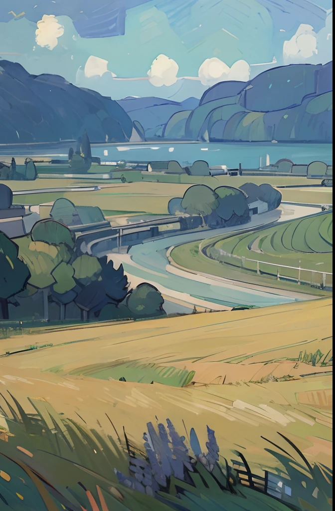 (((View of Van Gogh)))，Rivers and mountains in the background，Clouds in the sky and grass in the foreground，sea beach，blue-sky，​​clouds，daysies，grassy，horizon，Casa，islands，mont，naturey，without humans，the ocean，exteriors，palmeiras，rios，scenecy，Skysky，The tree，Eau,KIDS ILLUSTRATION，