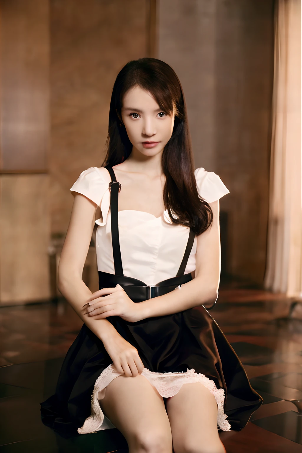 1girl,moyou,(huge suspenders: 0.9)Hasselblad,Volumetric Lighting, (full body photo:1.3), looking at the viewer,portrait,I-type Valley ,Ultra-realistic 8k CG, barefoot, black hair, dress, food, long hair, sitting, solo, strawberry,hand