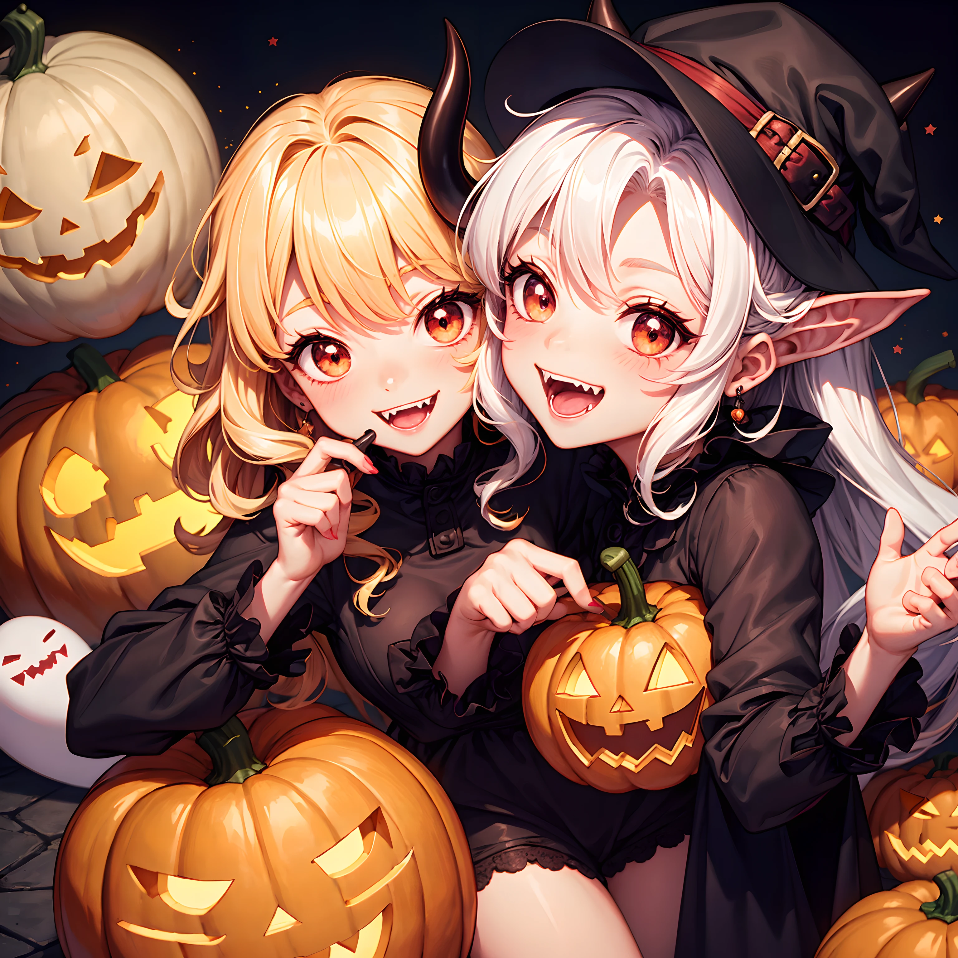 Devil, black devil, cute devil, anime illustration, ultra detailed, hyper sharp image, fangs. blonde wavy curly long hair, wearing rubber costume, halloween festival, jack o'lantern, ghost, happy smile, cute smile, red eyes, dark skin, eating pumpkin, chibi emote,