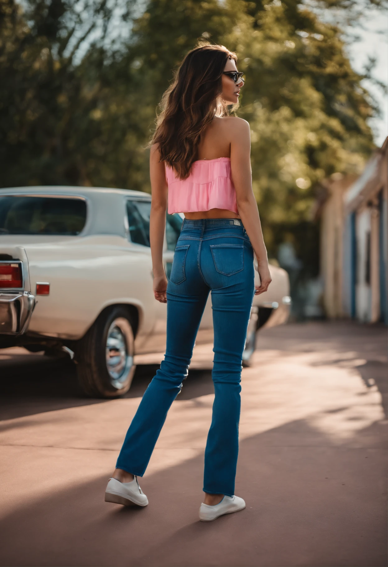 A young white girl, short, petite and roughly 90 pounds. Pink crop top, long brunette hair wit glasses. Blue low rise bootcut jeans. View from behind.