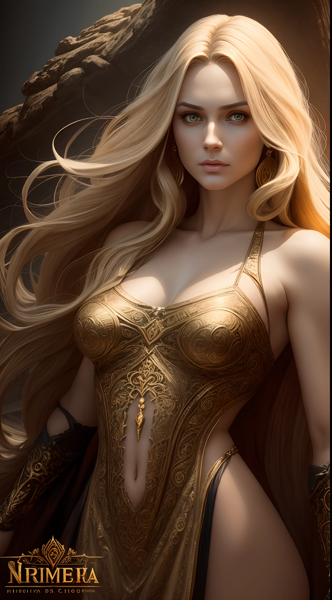 Portrait, Beautiful woman, Blonde hair, Silk slip dress, (Long hair wavy like smoke):0.85 , Confident expression, Detailed, 16k, sfv, masterpiece of intricate artwork, Ominous, matte painting film poster, Golden ratio, trending on CGSociety, Intricate, Epic, trending on artstationh, By Artgerm, h. r. Giger and Beksinski, Highly detailed, vibrant, production cinematic character render, ultra high quality model:1