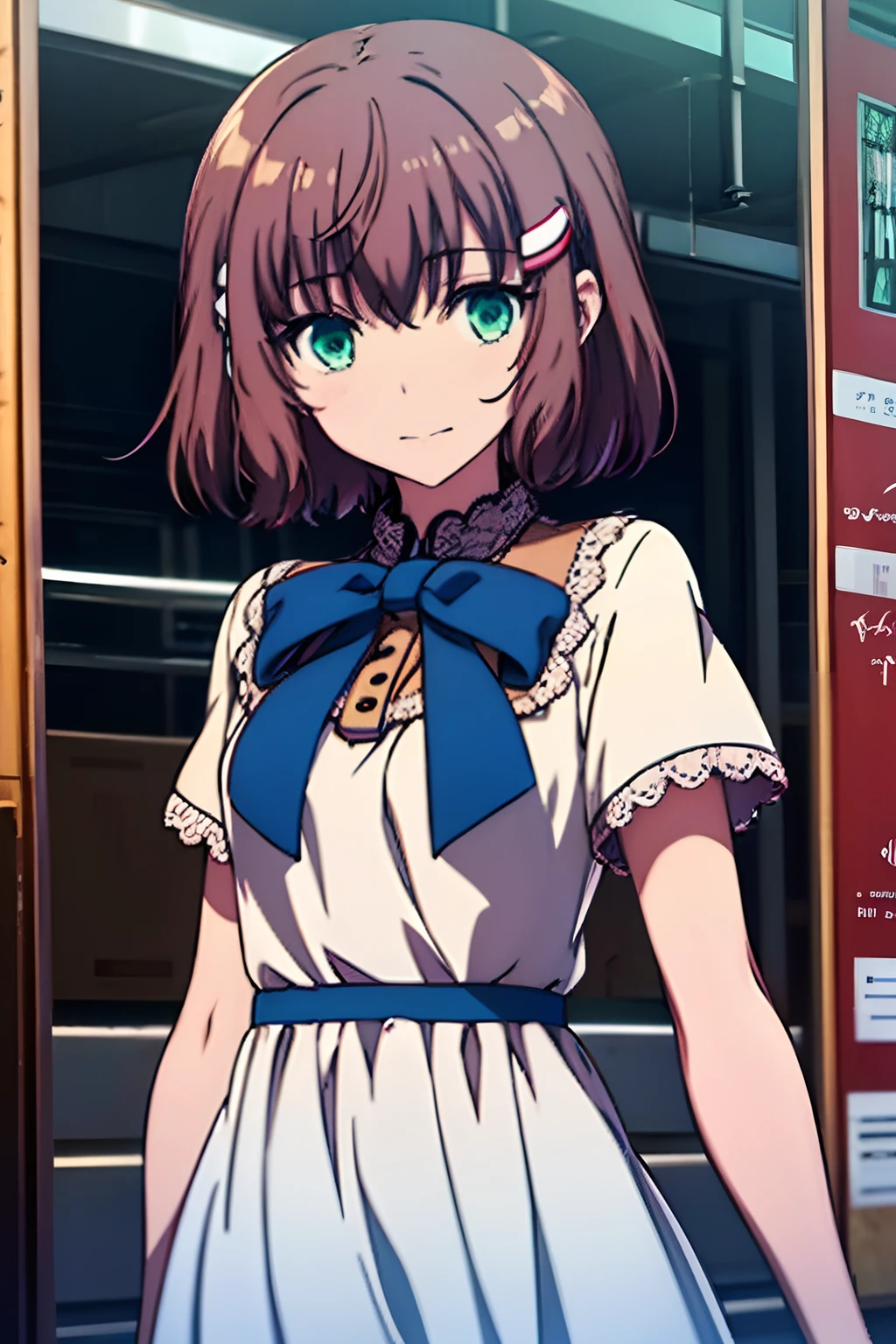 Sasanami Shoko, Valvrave, hair clips, Blue roses, Dress, Lace dress, Brown hair, Green eyes, Short hair, bow ribbon