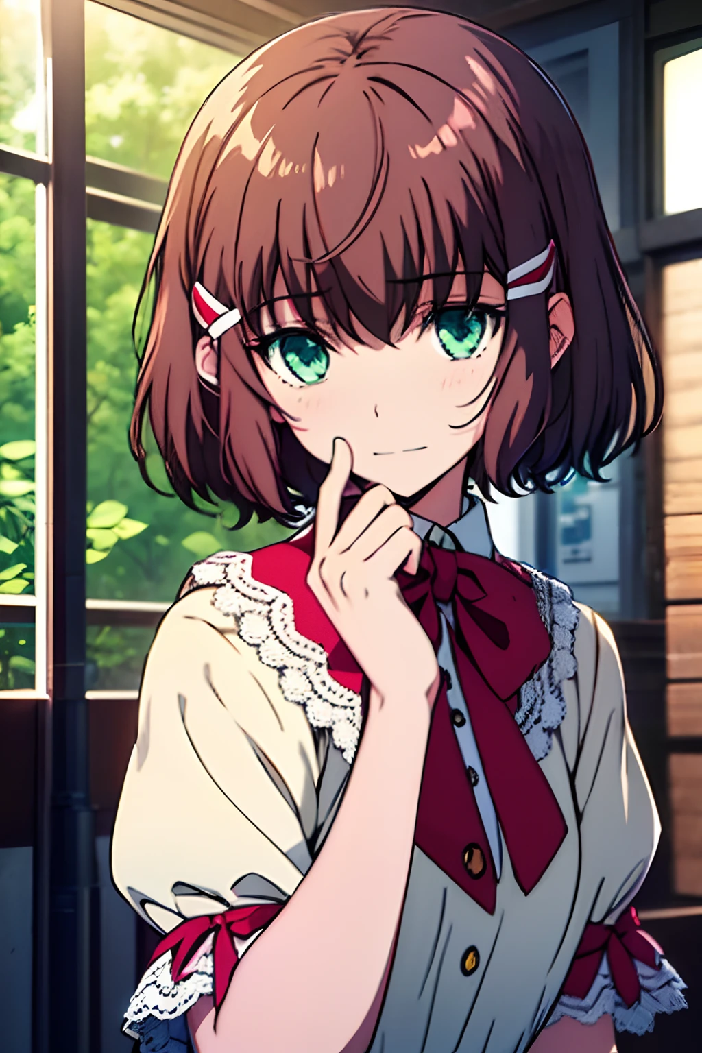 Sasanami Shoko, Valvrave, hair clips, Blue roses, Dress, Lace dress, Brown hair, Green eyes, Short hair, bow ribbon