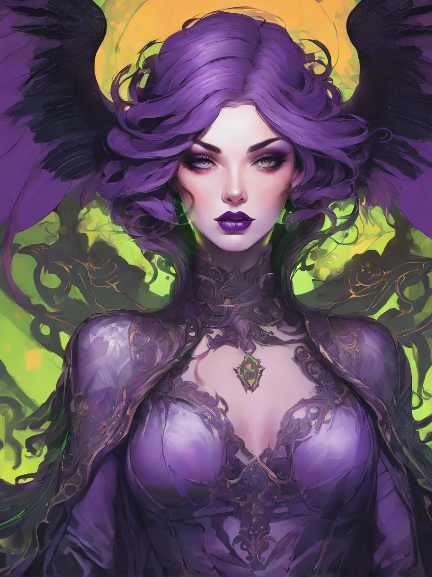 Close up of a woman wearing purple hair and purple glowing eyes, Glowing green pumpkin, lois van baarle and rossdraws, artgerm and lois van baarle, artgerm and rossdraws, rossdraws cartoon vibrant, a beautiful succubus, Ross Tran style, rossdraws 2. 5, inspired by Ross Tran, halloween art style, Extremely detailed Artgerm