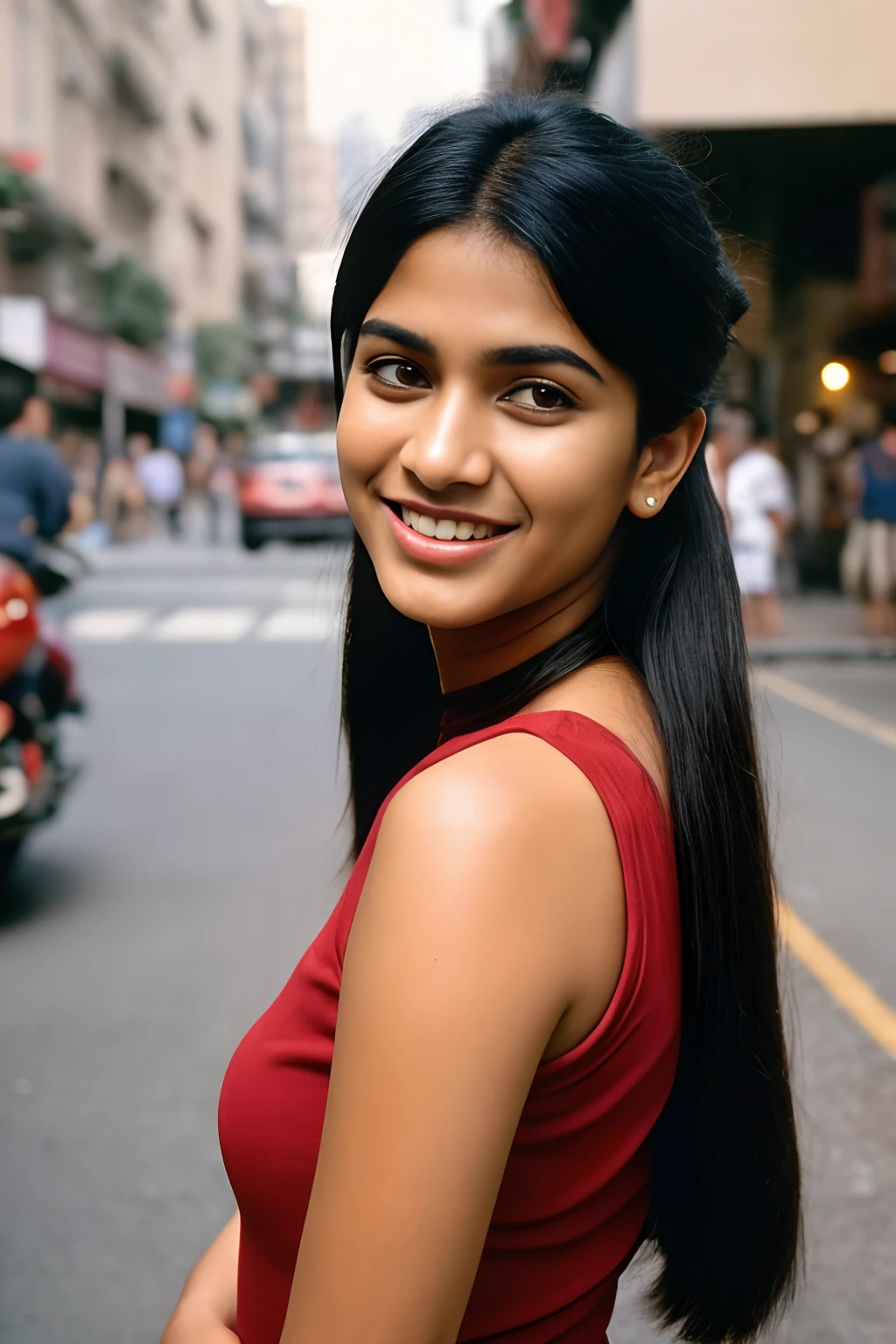 (full body, editorial photograph of a young dusky Indian woman), photographed in a busy street, (highly detailed face:1.4) (smile:0.7) (background Busy indian street , moody, private study:1.3) POV, nikon d850, film stock photograph ,4 kodak portra 400 ,camera f1.6 lens ,rich colors ,hyper realistic ,lifelike texture, dramatic lighting , cinestill 800, realistic, wearing red round-Neck Top, posing!!, candid picture, medium body, large sized breasts, black hair, bun hair, medium hair length realistic skin texture, brown skin