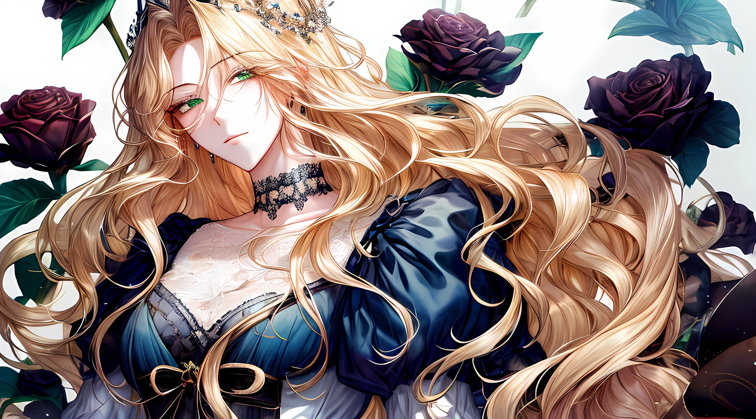 shoujo-style, (floral background), romance manhwa, 1girl, blonde hair, solo, long hair, flower, dress, tiara, white dress, gloves, long sleeves, choker, green eyes, mascara, makeup, white gloves, black bow, black flower, wavy hair, bow, jewelry, looking at viewer, white background, collarbone, puffy sleeves, silver accessories, upper body, parted bangs, very long hair, blue dress, frills, bangs, closed mouth, detailed eyes, (close up), gleaming skin, shiny glossy skin