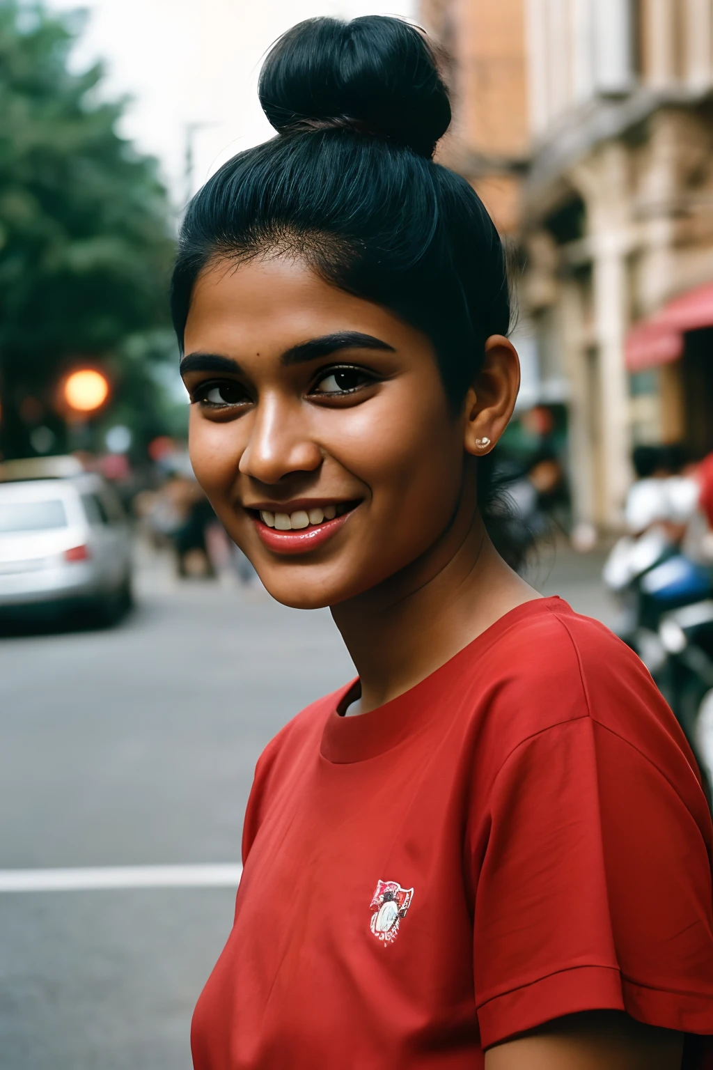 (full body, editorial photograph of a young dusky Indian woman), photographed in a busy street, (highly detailed face:1.4) (smile:0.7) (background Busy indian street , moody, private study:1.3) POV, nikon d850, film stock photograph ,4 kodak portra 400 ,camera f1.6 lens ,rich colors ,hyper realistic ,lifelike texture, dramatic lighting , cinestill 800, realistic, wearing red round-Neck Top, posing!!, candid picture, medium body, large sized breasts, black hair, bun hair, medium hair length realistic skin texture, brown skin