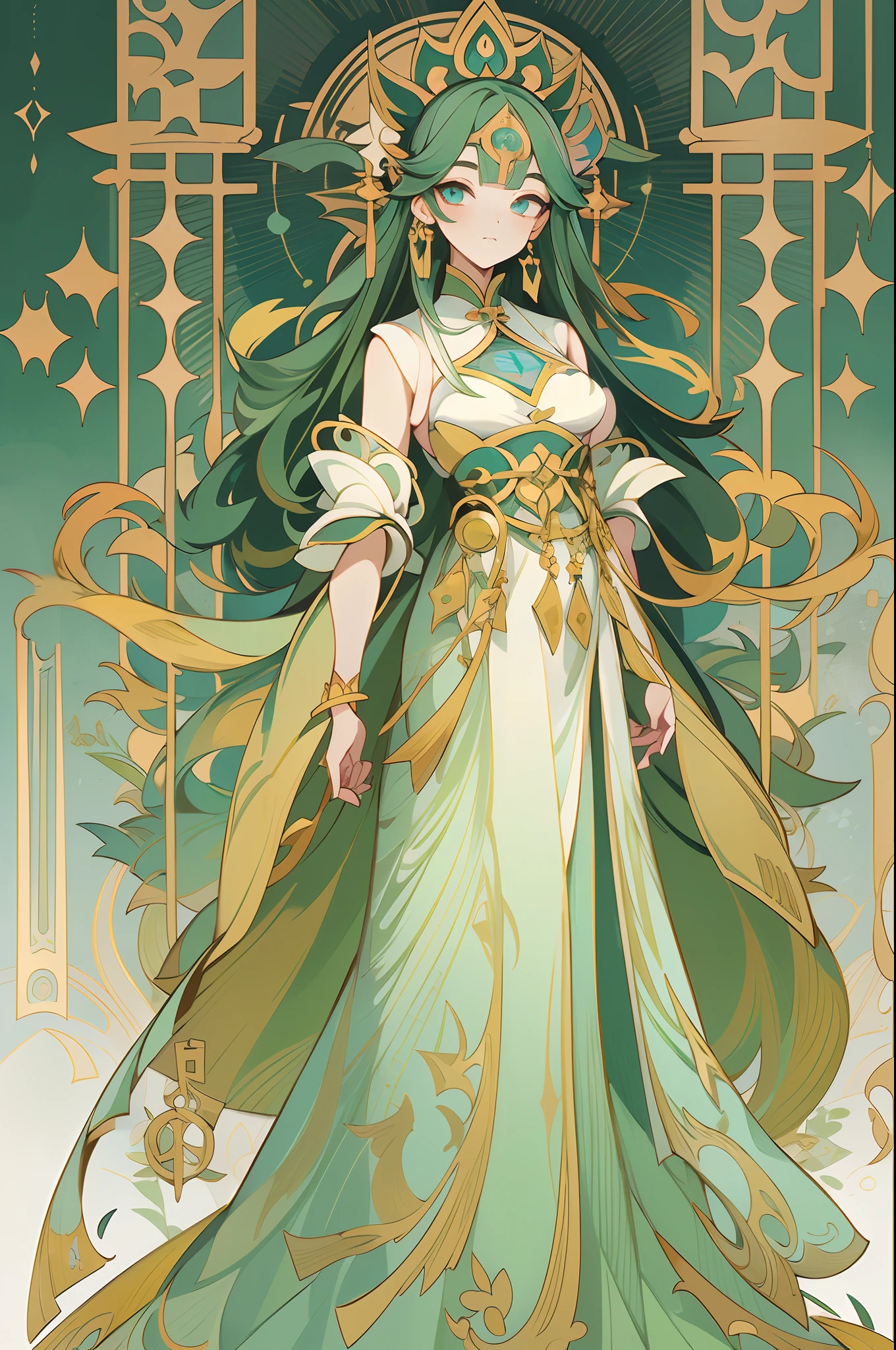 Full body portrait of 1 girl, mages, Gorgeous long dress, standing on your feet, (((独奏))), Clear facial features, Simple line design, ((tarot card background, symmetric beauty)), perfectly symmetrical, The art of symmetry, Standing drawings of characters, ((flatcolors)), (tmasterpiece，top Quority，best qualtiy，超高分辨率，Clear facial features，beautidful eyes，beauitful face)