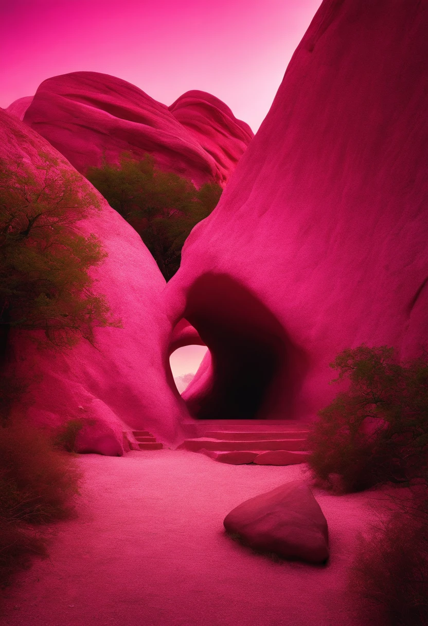 Surrealism scene, pink stone,, high contrast, high saturation, side light, contour light