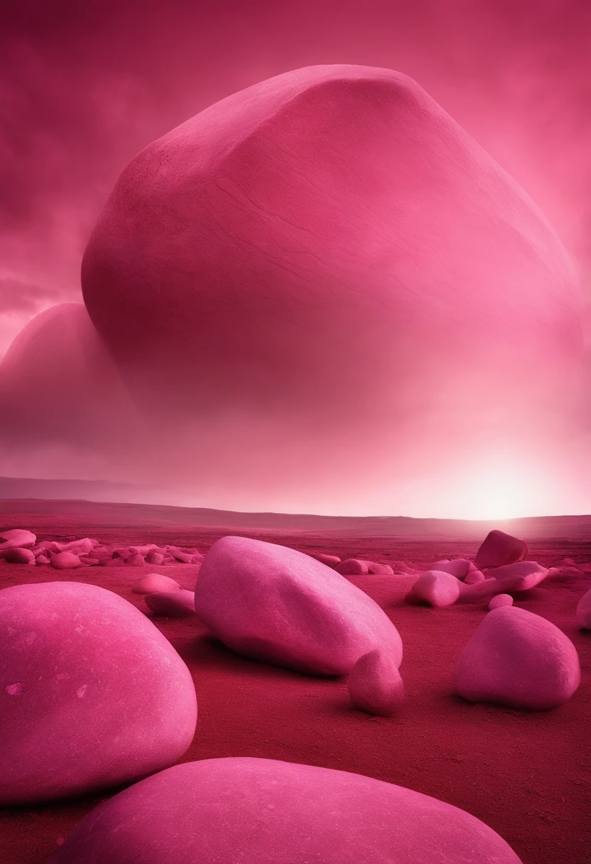 Surrealism scene, pink stone,, high contrast, high saturation, side light, contour light