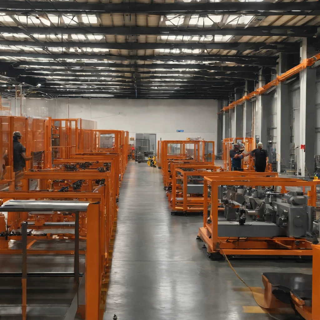 Photo of a state-of-the-art factory floor showcasing two distinct production lines. On the left, the prefabricated bathroom pods are being assembled with precision machinery, displaying various stages of assembly from raw materials to the finished product. On the right, the volumetric production line is in full swing, with large modules being constructed and ready for transport. Bright overhead lights illuminate the space, and workers in safety gear oversee the operations, ensuring everything runs smoothly.