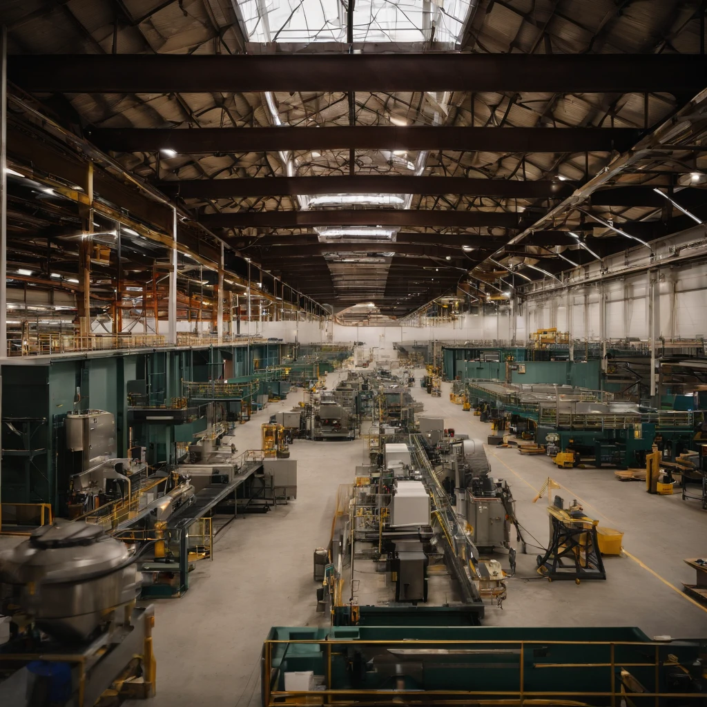 Photo of a state-of-the-art factory floor showcasing two distinct production lines. On the left, the prefabricated bathroom pods are being assembled with precision machinery, displaying various stages of assembly from raw materials to the finished product. On the right, the volumetric production line is in full swing, with large modules being constructed and ready for transport. Bright overhead lights illuminate the space, and workers in safety gear oversee the operations, ensuring everything runs smoothly.