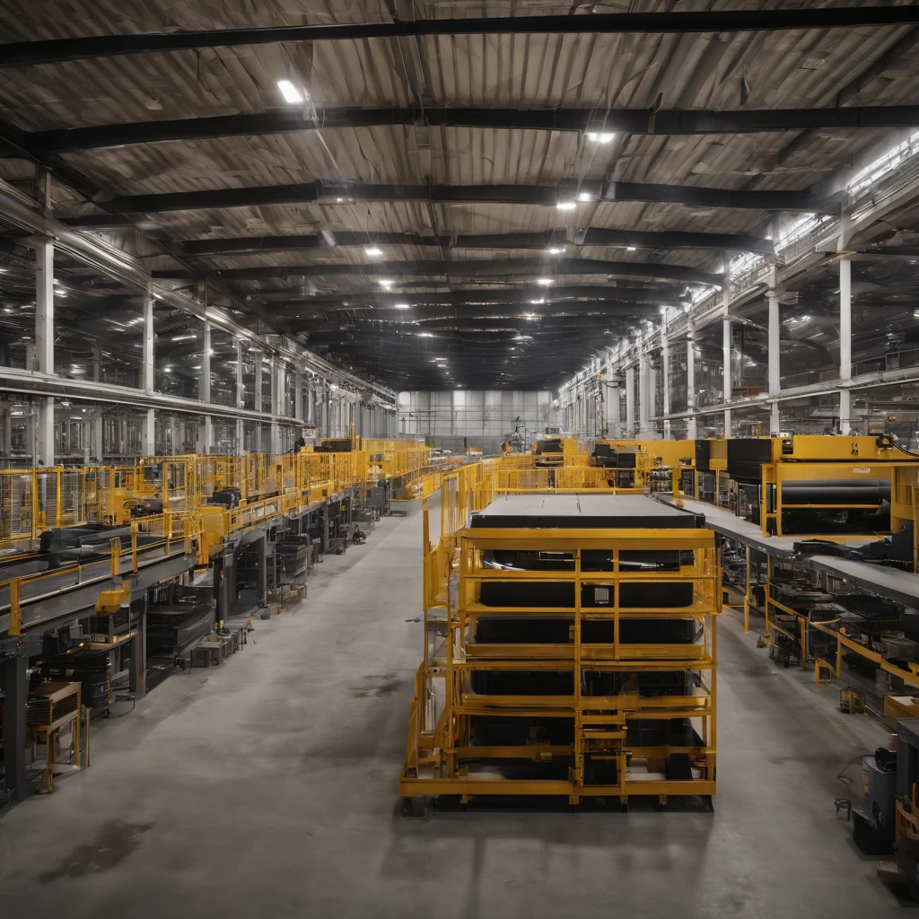 Photo of a state-of-the-art factory floor showcasing two distinct production lines. On the left, the prefabricated bathroom pods are being assembled with precision machinery, displaying various stages of assembly from raw materials to the finished product. On the right, the volumetric production line is in full swing, with large modules being constructed and ready for transport. Bright overhead lights illuminate the space, and workers in safety gear oversee the operations, ensuring everything runs smoothly.