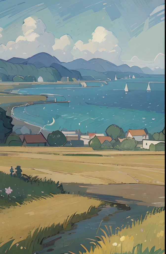 (((View of Van Gogh)))，Rivers and mountains in the background，Clouds in the sky and grass in the foreground，sea beach，blue-sky，​​clouds，daysies，grassy，horizon，Casa，islands，mont，naturey，without humans，the ocean，exteriors，palmeiras，rios，scenecy，Skysky，The tree，Eau,KIDS ILLUSTRATION，