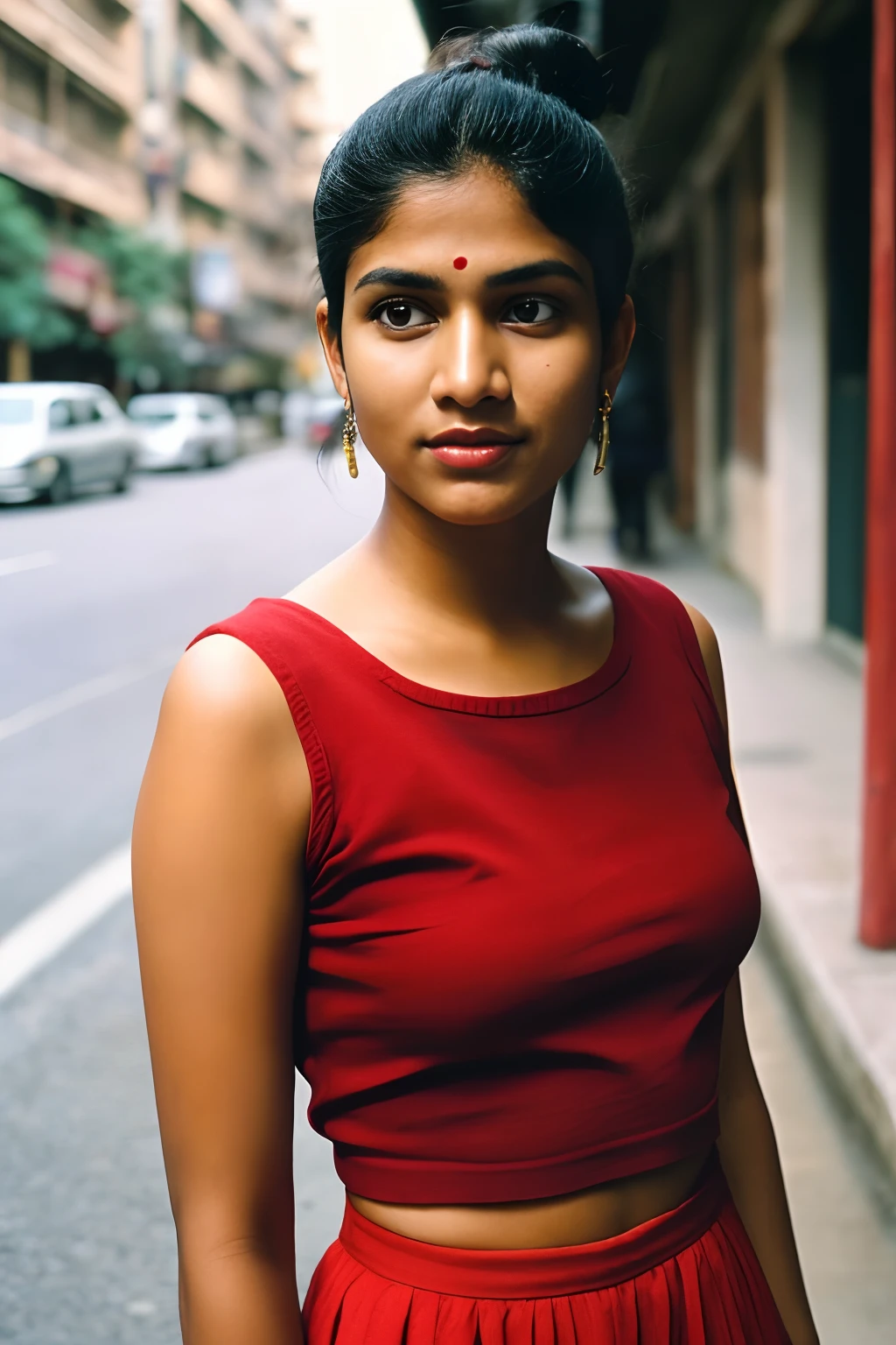 (full body, editorial photograph of a young dusky Indian woman), photographed in a busy street, (highly detailed face:1.4) (smile:0.7) (background Busy indian street , moody, private study:1.3) POV, nikon d850, film stock photograph ,4 kodak portra 400 ,camera f1.6 lens ,rich colors ,hyper realistic ,lifelike texture, dramatic lighting , cinestill 800, realistic, wearing red round-Neck Top, posing!!, candid picture, medium body, large sized breasts, black hair, bun hair, medium hair length realistic skin texture, brown skin