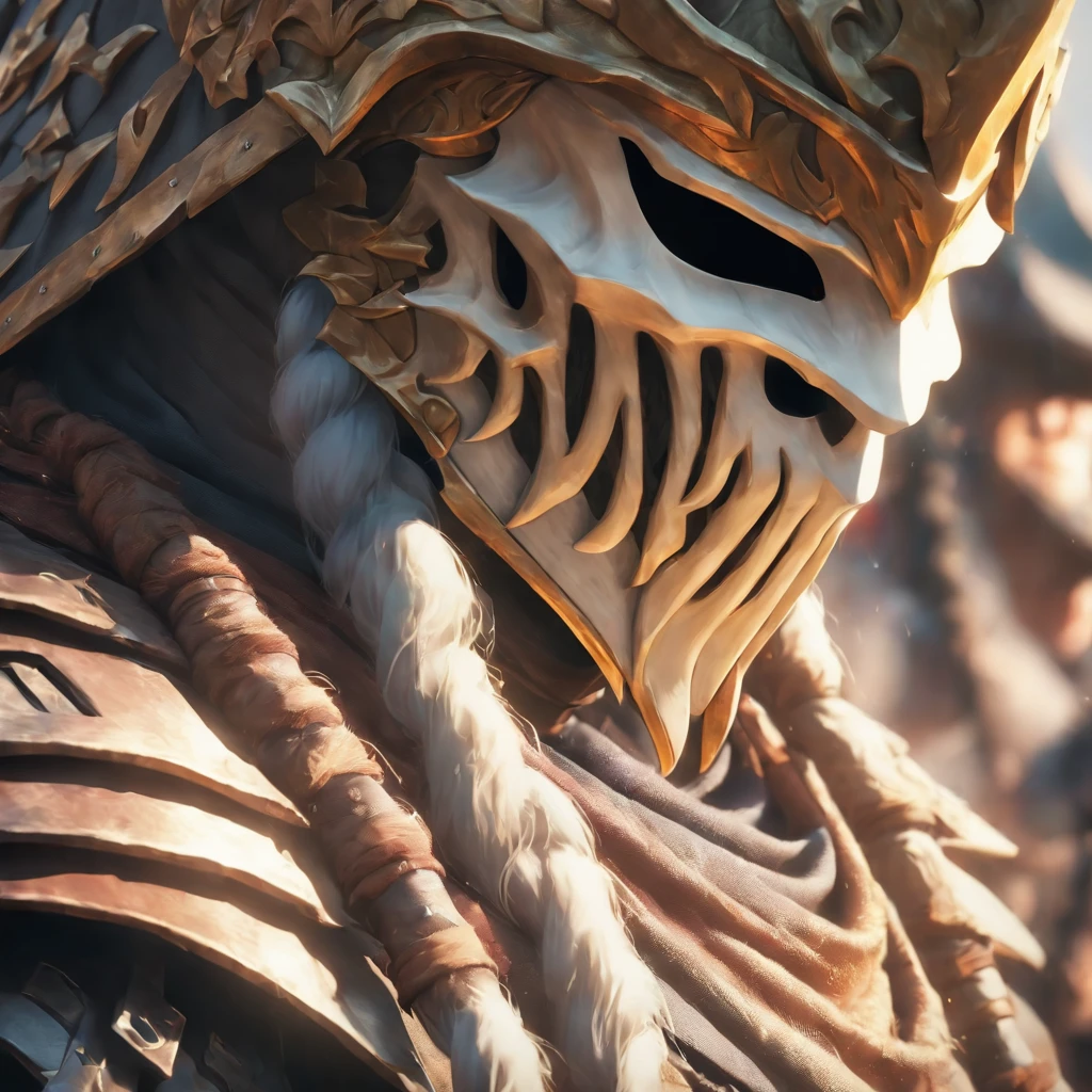 ((Cloth)), ((Armor))((Bone Mask)) (High Detail Skin: 1.2) Close-up of man with hat and mask, Infinity Blades concept art, Infinity Blades armor, shoulder armor, warrior concept art, mortal kombat characters, 8kuhd, dslr, soft light, high quality, film texture ((amateur photo)), white background