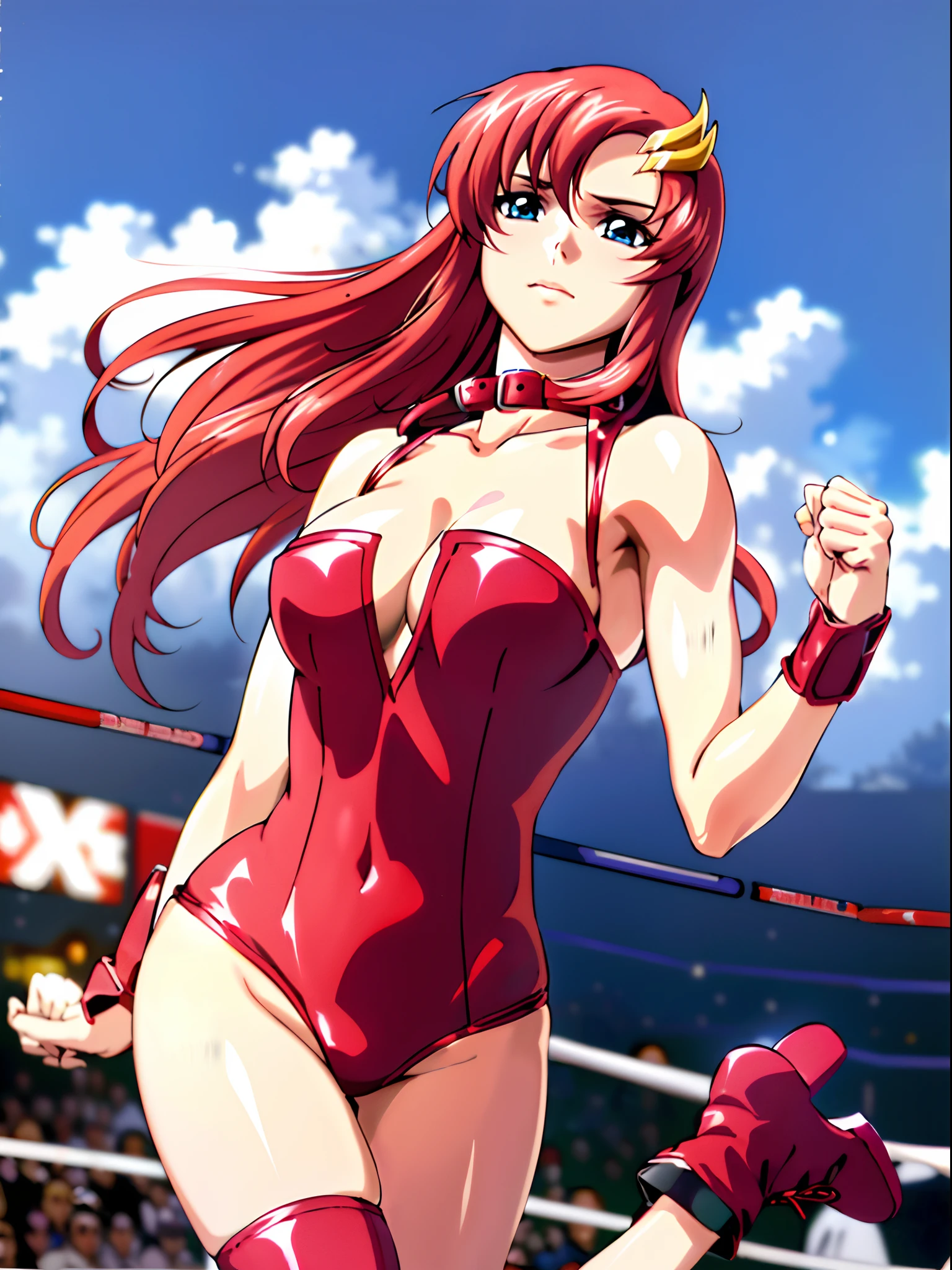 solo, (((red strapless wrestling outfit, collar, red boots))), (upper body view, big mouth, Best Quality, Anime style: 1.9, Adult Woman, (cloud background), Anime, lacus4), 1girl, Solo, 鎖骨, (very long hair, wide bangs, Hair Ornament, Detailed reddish-pink hair, golden crest), large hands, (blue eyes), ((little biceps, slender body, hourglass figure, broad shoulders, closed fists)), ((perfect proportions, medium breasts, cleavage, long belly)), (((mini red wrestling outfit))