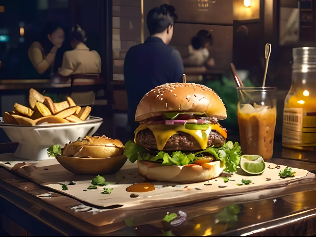 (Masterpiece, Top quality, Best quality, Beautiful and aesthetic:1.2), Extremely detailed, highest details, Close-up of burger set meal on restaurant countertops，It's delicious，The background is a bustling street，at night with neon lights