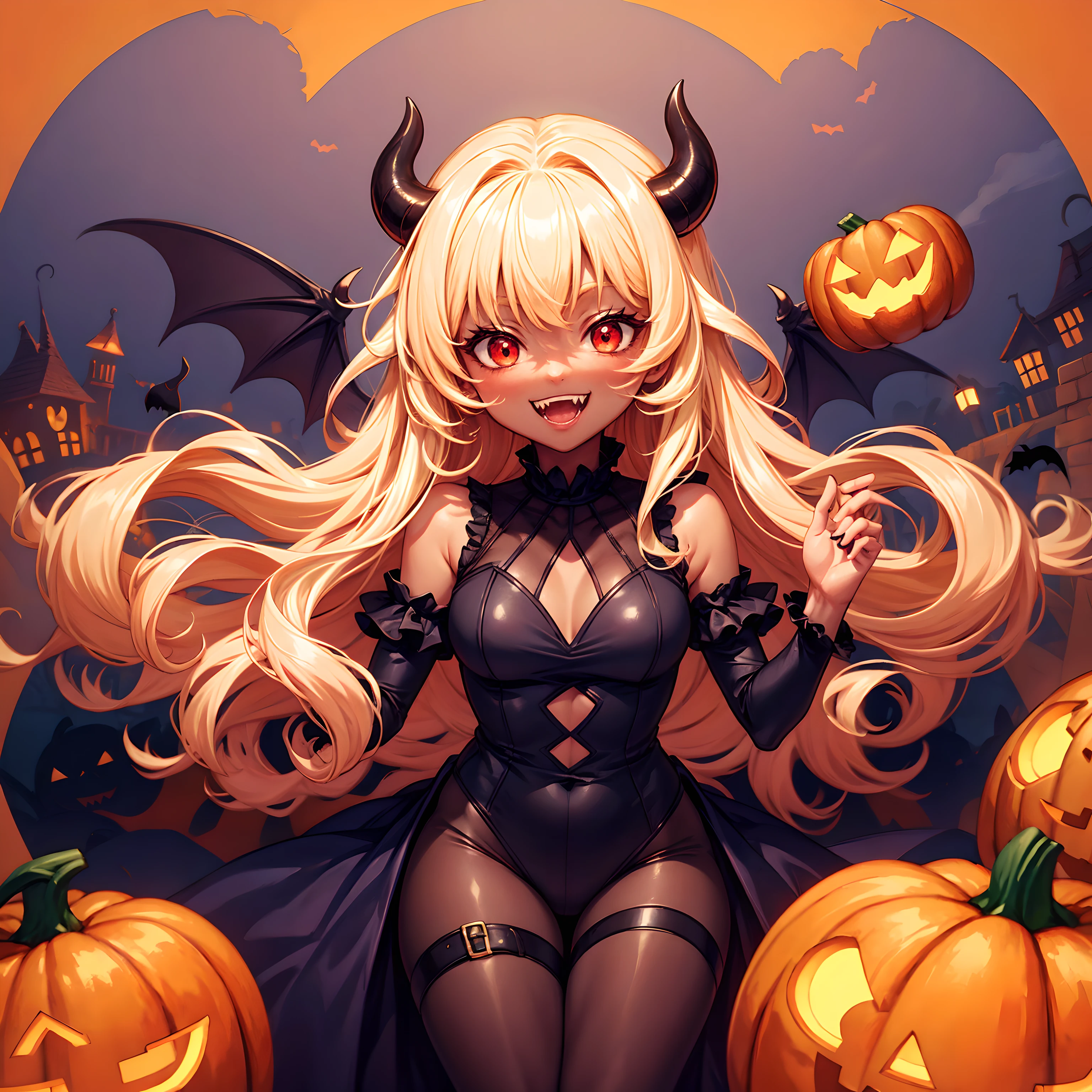 Devil, black devil, cute devil, anime illustration, ultra detailed, hyper sharp image, fangs. blonde wavy curly long hair, wearing rubber costume, halloween festival, jack o'lantern, ghost, happy smile, cute smile, red eyes, dark skin, eating pumpkin, chibi emote, arms down,