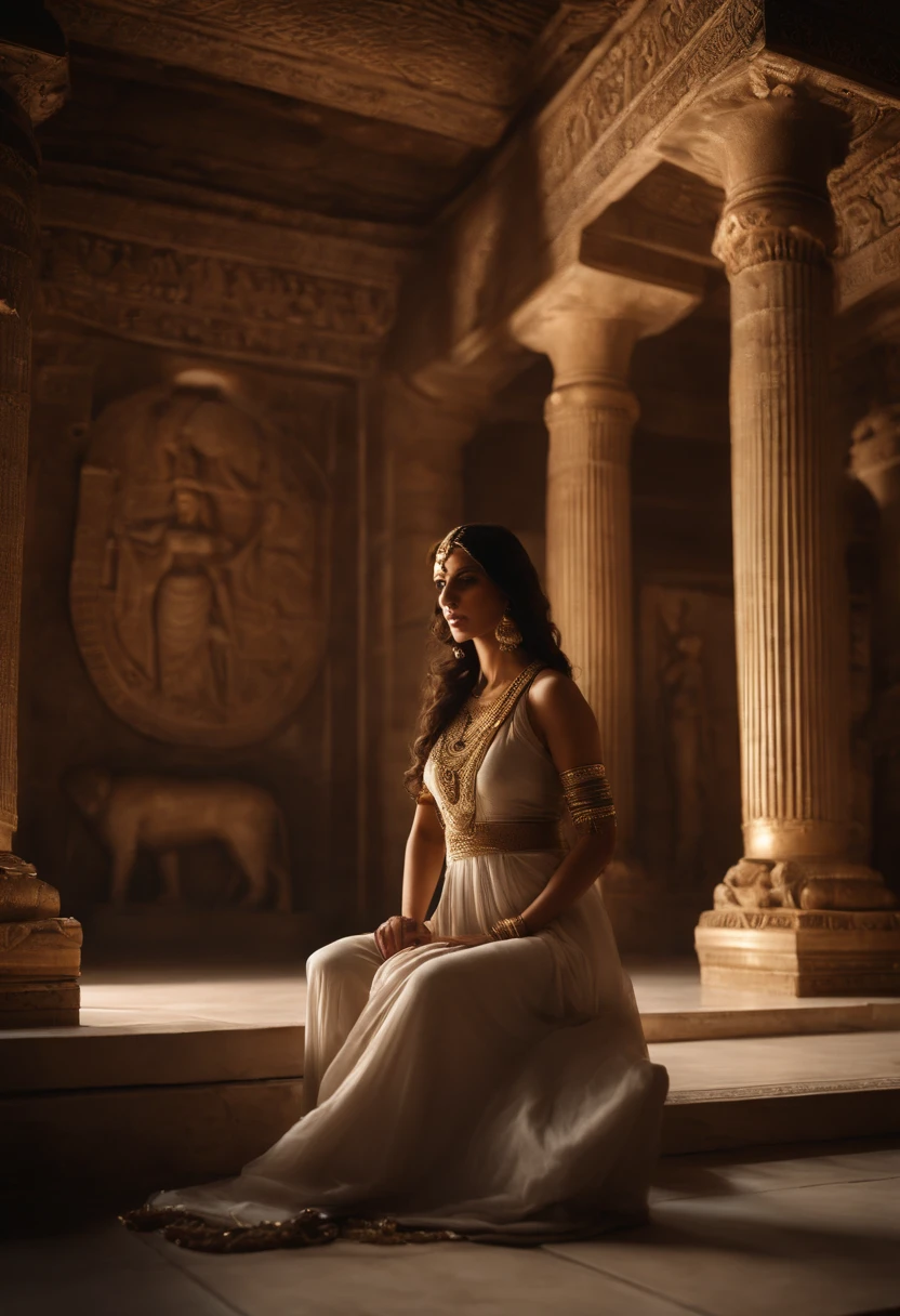 A captivating photorealistic image capturing the divine presence of Goddess Ishtar and the gods of Nibru in a sacred temple. The photograph portrays two women representing Ishtar and the gods of Nibru in their entirety, with a focus on their long, elegant legs. One of the women is depicted kneeling on the floor of the temple, showcasing a sense of devotion and reverence. The photorealistic quality of this image brings out every detail, from the graceful curves of their bodies to the intricate details of their attire. The lighting and composition create a serene and ethereal atmosphere, capturing the essence of Ishtar and the gods of Nibru in a realistic and captivating manner