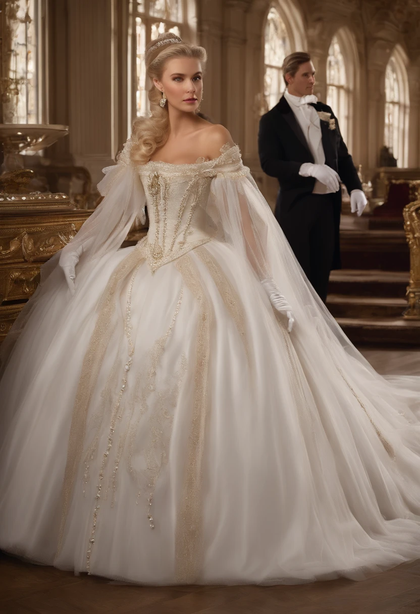 Best quality, Masterpiece, The noble queen wore a stately and delicate royal wedding dress in white satin tulle,Wear extra-long white gloves,Decorated with a huge ribbon bow, Lace, frilld, Woven pleats, Embroidery and jewelry, With large puff sleeves, Hourglass waist and voluminous Crinoline hoop skirt, bustle, and trains, white long gloves, pearl necklace and earrings, Long, Straight blonde hair draped loosely