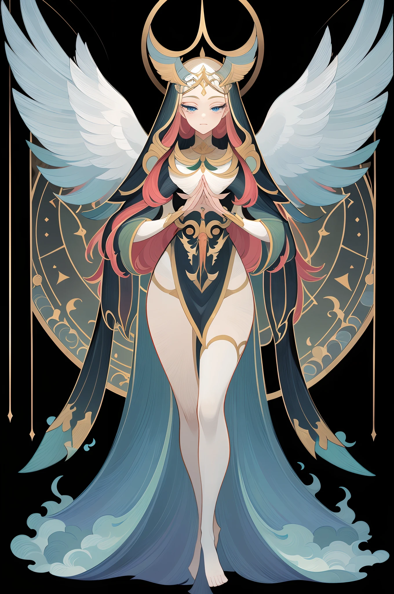 Full body portrait of 1 girl, angelicales, Angel wings, Gorgeous long dress, standing on your feet, (((独奏))), Clear facial features, Simple line design, ((tarot card background, symmetric beauty)), perfectly symmetrical, The art of symmetry, Standing drawings of characters, ((flatcolors)), (tmasterpiece，top Quority，best qualtiy，超高分辨率，Clear facial features，beautidful eyes，beauitful face)