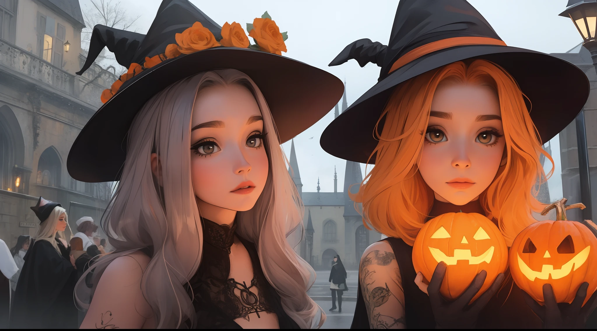 Tatouage, maquillage Halloween Teme Death, Citrouilles, witch hat (Harry Potter) orange et noir et 🍬 Paysage de nuit qui passe, Une belle fille avec, UHD Portrait, (High quality) (ultra details) Regarder le spectateur en tenue de ville de style hip-hop; different, colourfull, cheveux blanc longs 🌈