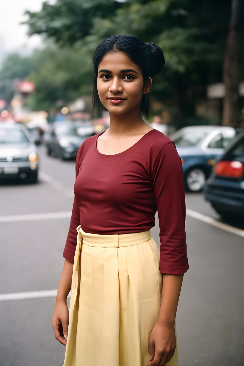 (full body, editorial photograph of a young dusky Indian woman), photographed in a busy street, (highly detailed face:1.4) (smile:0.7) (background Busy indian street , moody, private study:1.3) POV, nikon d850, film stock photograph ,4 kodak portra 400 ,camera f1.6 lens ,rich colors ,hyper realistic ,lifelike texture, dramatic lighting , cinestill 800, realistic, wearing red round-Neck Top, half sleeve, posing!!, candid picture, medium body, large sized breasts, black hair, bun hair, medium hair length realistic skin texture, brown skin