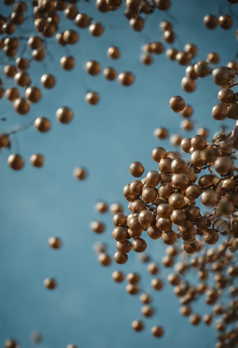 High quality photography, some gathered balls, light blue sky, sidelight, light, dots
