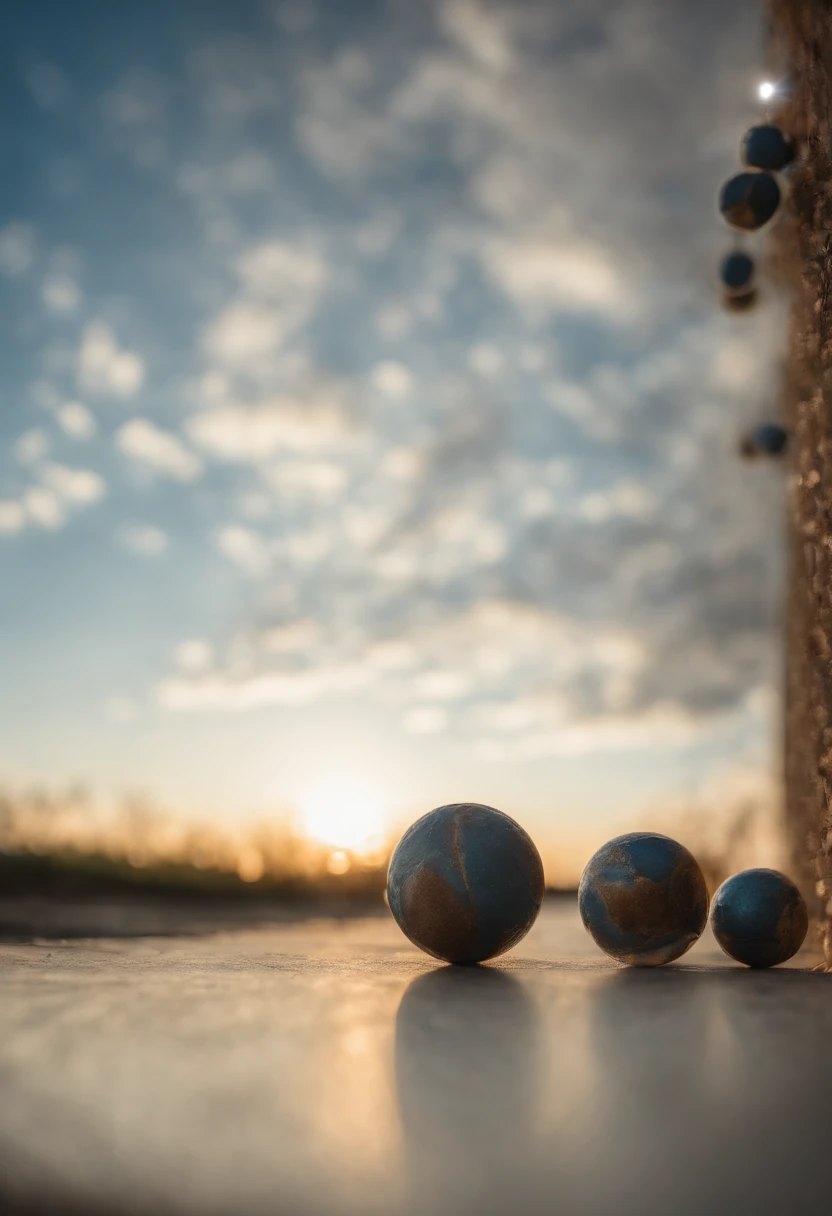 High quality photography, some gathered balls, light blue sky, sidelight, light, dots