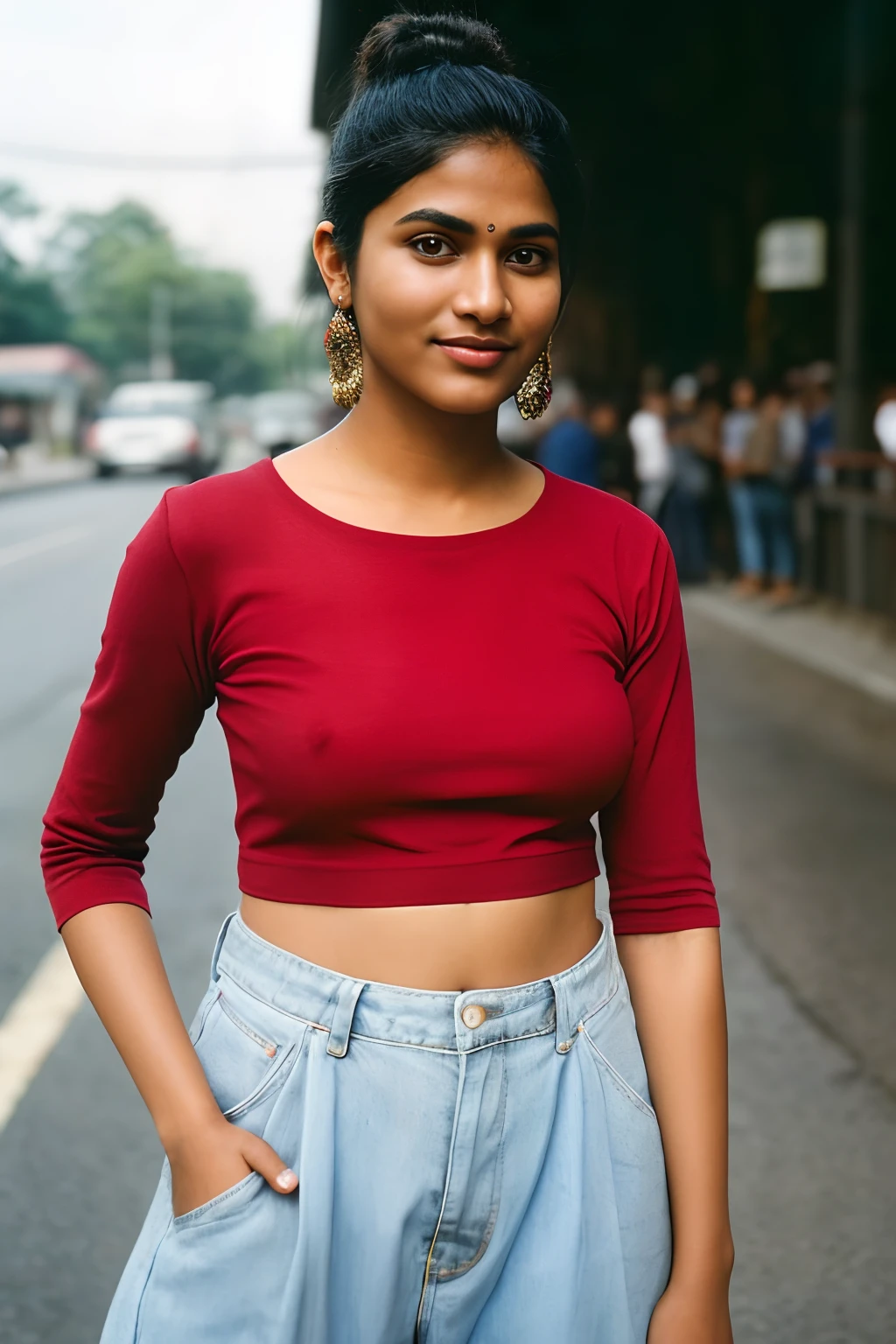 (full body, editorial photograph of a young dusky Indian woman), photographed in a busy street, (highly detailed face:1.4) (smile:0.7) (background Busy indian street , moody, private study:1.3) POV, nikon d850, film stock photograph ,4 kodak portra 400 ,camera f1.6 lens ,rich colors ,hyper realistic ,lifelike texture, dramatic lighting , cinestill 800, realistic, wearing red round-Neck Top, half sleeve, posing!!, candid picture, medium body, large sized breasts, black hair, bun hair, medium hair length realistic skin texture, brown skin