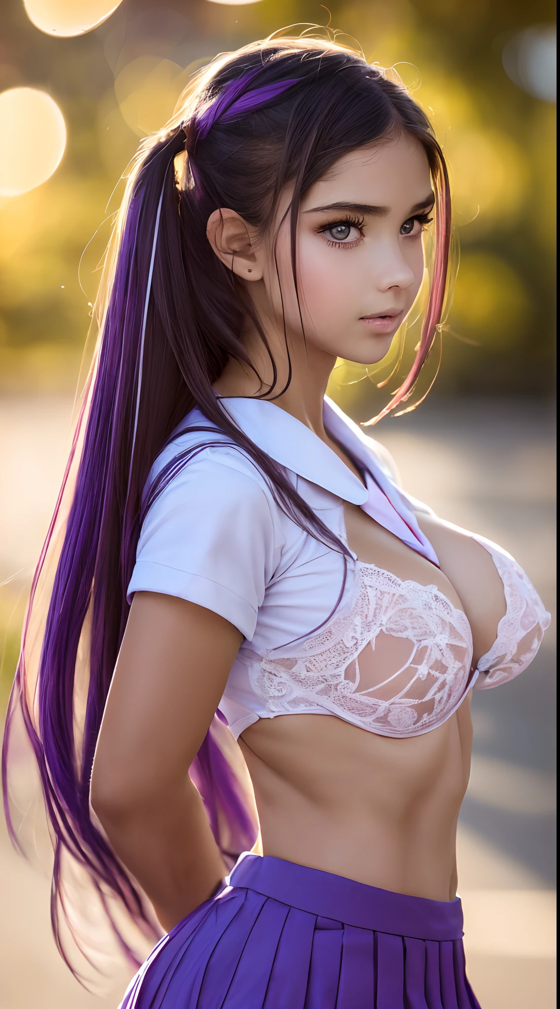 (Caucasian)(Black and purple hair)(1young girl), (backwards:1.5), looking back, (highly detailed Beautiful face), Amazing face and eyes, (Best Quality:1.4), (Ultra-detailed), (extremely detailed CG unified 8k wallpaper), Highly detailed, High-definition raw color photos, Professional Photography, Realistic portrait, Amazing face and eyes, Pink eyes, (hi-school uniform, pleated mini skirt:1.3), (High school uniform with wide open breasts:1.4), twintails, brown hair, model,  (((Bokeh))), depth of fields, School, classroom, (sheer lace panties:1.2), (view from below:1.3),