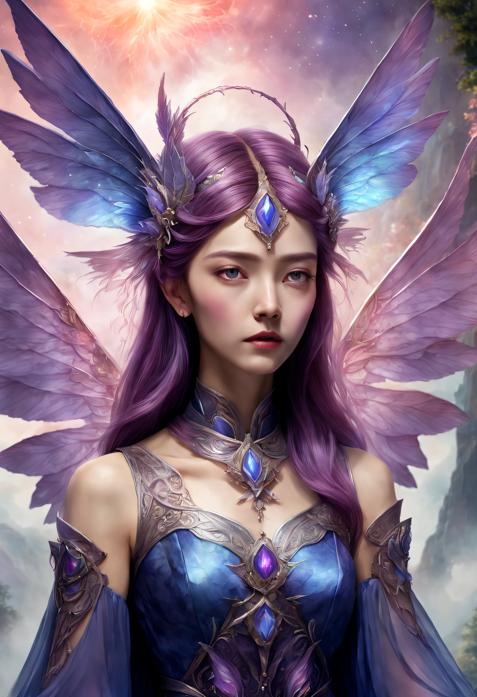 ((best quality)), ((masterpiece)), ((realistic,digital art)), (hyper detailed), Bl00m1ngF41ry female Sylph, humanoid elemental being, delicate and ethereal beings with gossamer wings, guardians of the air, mountain top,weather, Elderly, Broad, Southeast Asian, Violet eyes, Aquiline Nose, Receding Chin with Cleft, Receding Jaw, Round Cheeks, , Indigo Feathered haircut hair, Insecurity, Shrouding allies in protective auras, enhancing their defenses, wearing Flare skirt, Toile Embroidered top, , Feather fascinator with netting, and and Enliven (Radiating,Eraser,Advanced Nanocoolant Infrastructure Convection,Temporality,Ferromagnetic,Turbulence,Pyramid,Cross ,Perpendicular liness,Wavy lines,Galactic anomalie,Manganese Violet Enveloping magic:1.0), Pouring over ancient manuscripts, uncovering lost knowledge, Faerie Glow,