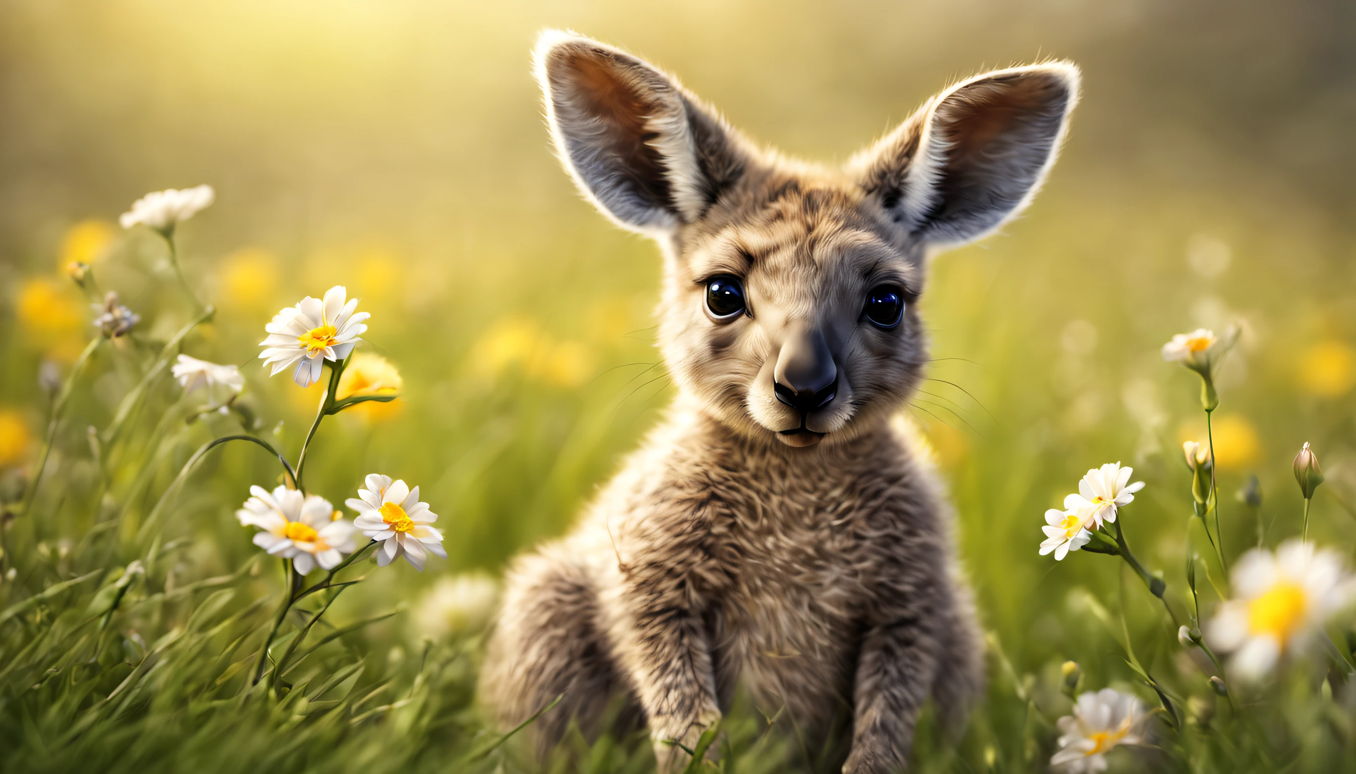 there is a small kangaroo cub sitting on the grassland and flowers, cute animal, highly detailed,ultra realistic, cub, cuteness