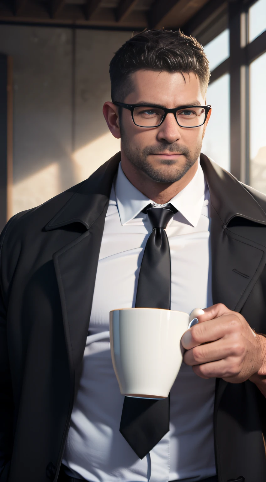 An award-winning original photo，A wild muscular man, (40 years old daddy:1.1), 1boy, Solo, (black color trenchcoat), (white dress shirt), (blue necktie), (black trouser), (big shoulders), musculature, stubbles, Short beard, Beautiful eyes:1.3, ), (Detailed face:1.3), wearing glasses, (cute smiles), (holding a coffee mug), Dynamic Angle, volumetric lighting, (Best quality, A high resolution, Photorealistic), Cinematic lighting, Masterpiece, RAW photo, Intricate details, hdr, depth of field, upper body shot.