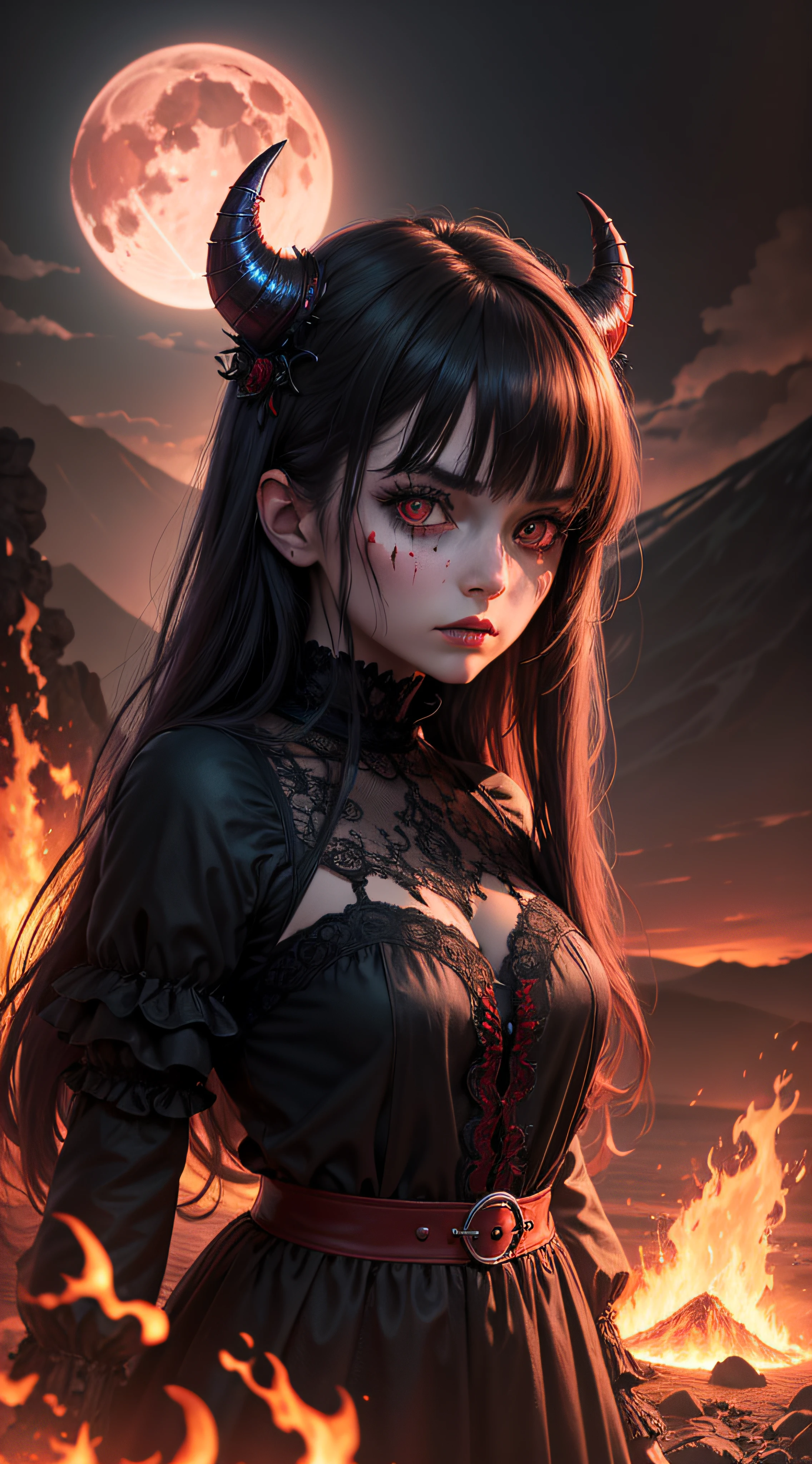 High quality, HD, realistic, HDR. Devil girl,  Bright eyes, Scary atmosphere, dark shadows, umière of volcano and red moon, Horror movie mood,