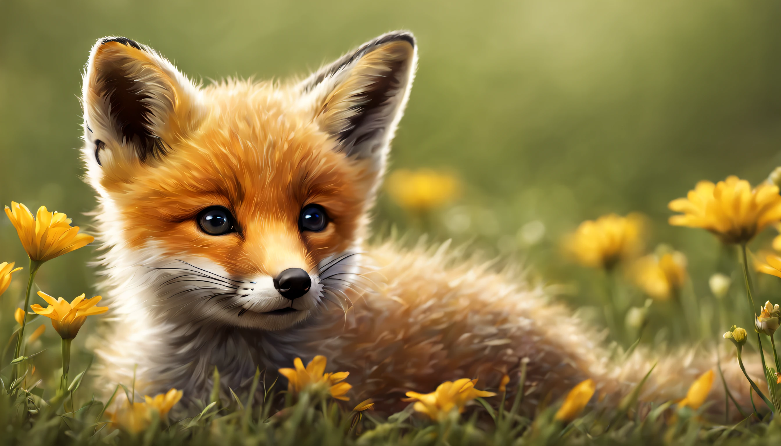 there is a small fox cub sitting on the grassland and flowers, cute animal, highly detailed,ultra realistic, realistic scene, detailed beautiful animals, highly detailed digital painting, photo realistic style, photorealistic highly detailed, highly detailed realistic, cub, highly detailed photorealistic, cuteness