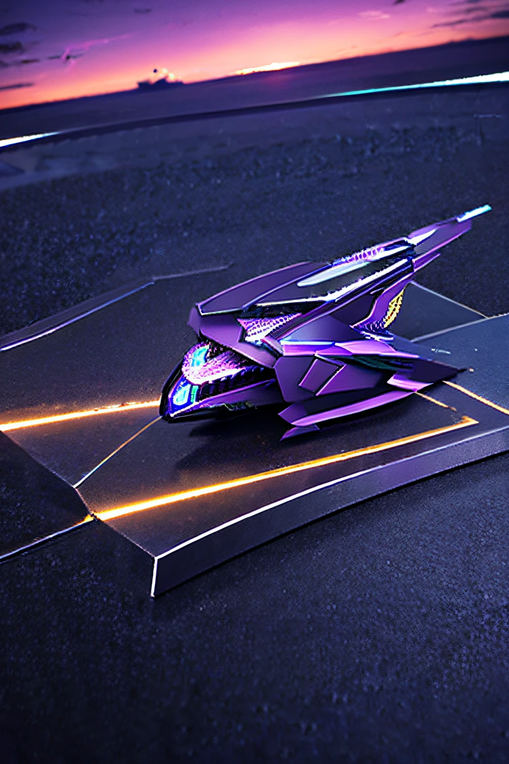 Future fighter,Biomechanical metals,greys,purple color details,firing laser,Beautiful sunset,Ultra detailed,Ultra photo realsisim,4K,ultra detailed image,True,Highly detailed, perfectly composed,Beautiful, intricate details, incredible detail,Ultra-detailed 8K art shots,Masterpiece