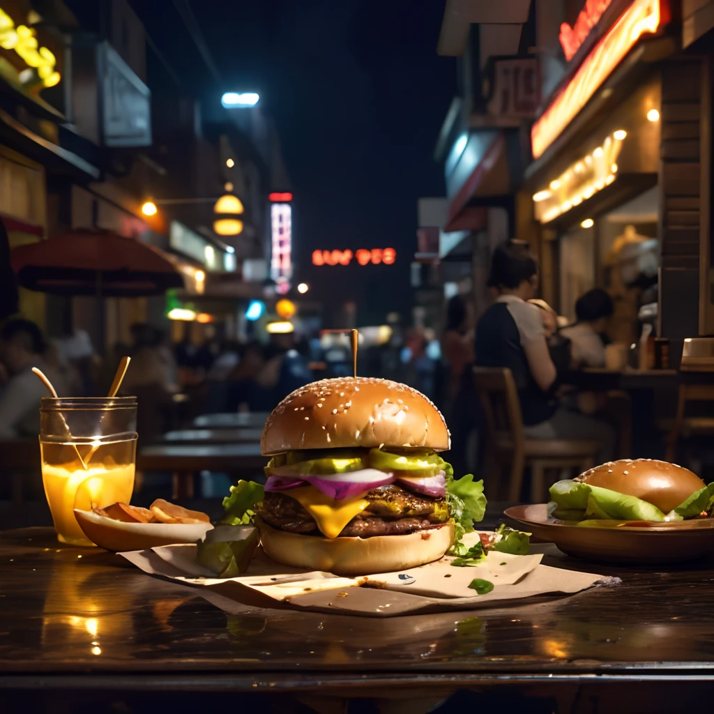 (Masterpiece, Top quality, Best quality, Beautiful and aesthetic:1.2), Extremely detailed, highest details, Close-up of burger set meal on restaurant countertops,It's delicious,In the background is a bustling street,at night with neon lights