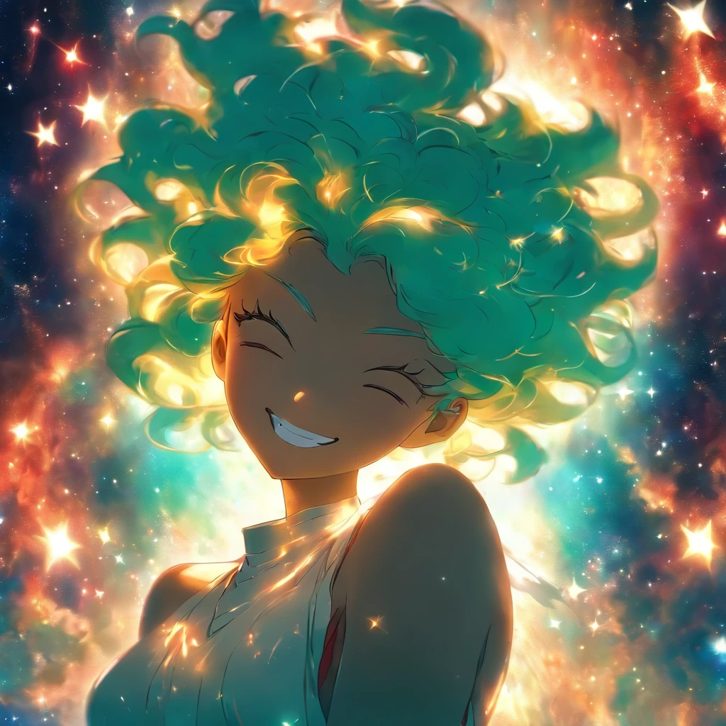 a woman, teal hair, red eyes, smile, angel wings, golden halo, white dress, standing upright, in outer space, Milky Way in the background, stars in the distance, upper body