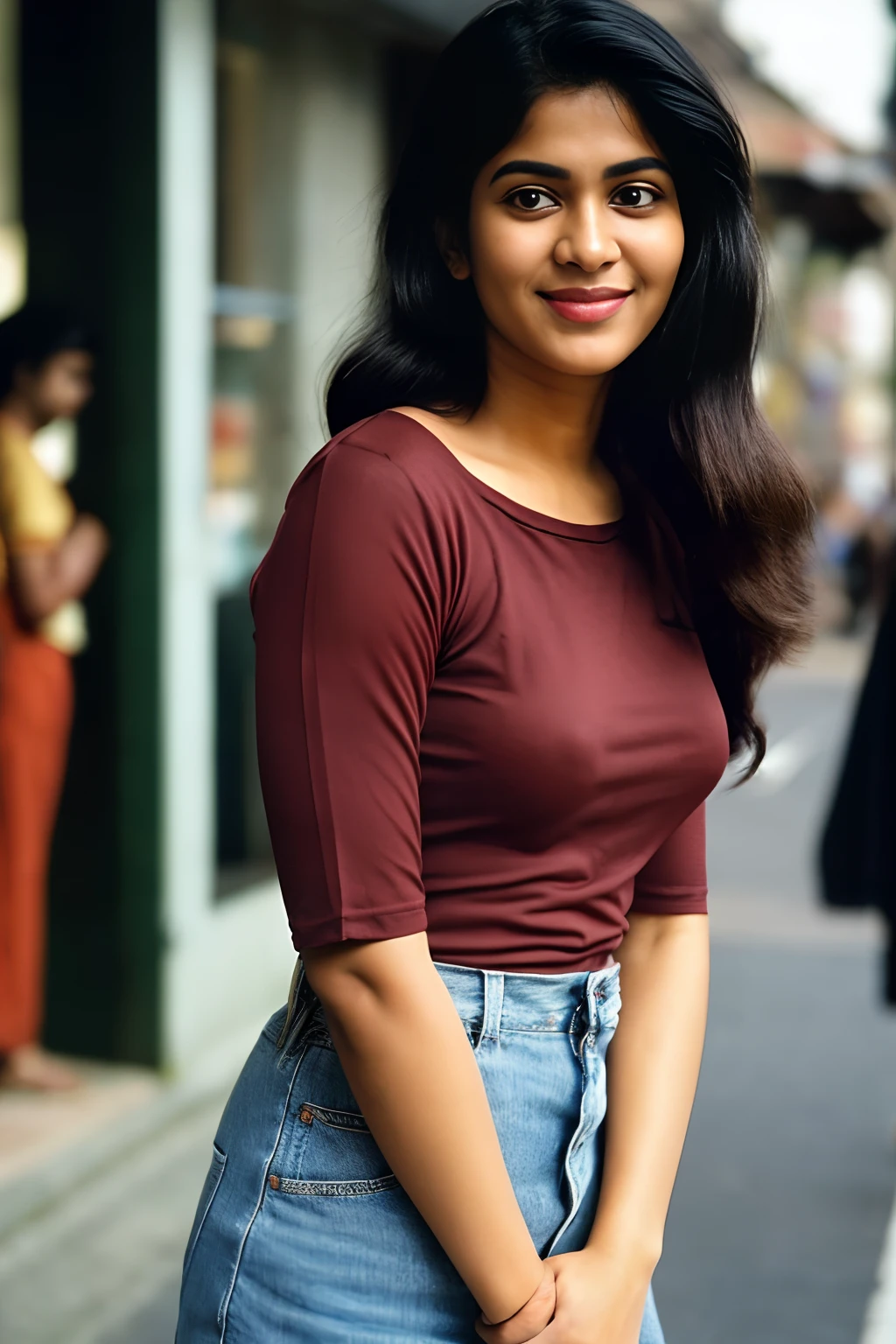 (full body, editorial photograph of a young dusky Indian woman), photographed in a busy street, (highly detailed face:1.4) (smile:0.7) (background Busy indian street , moody, private study:1.3) POV, nikon d850, film stock photograph ,4 kodak portra 400 ,camera f1.6 lens ,rich colors ,hyper realistic ,lifelike texture, dramatic lighting , cinestill 800, realistic, wearing blue round-Neck Top, half sleeve, posing!!, candid picture, medium body, extra large sized breasts, black hair, wavy hair, medium hair length realistic skin texture, brown skin