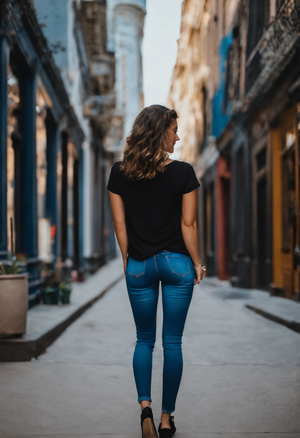 View from behind. Young girl, petite and very short in stature. Blue low rise skinny jeans, black t shirt that is cropped.