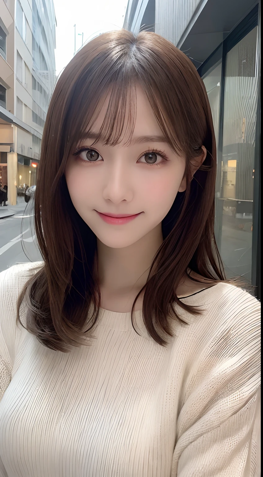 Tabletop, Highest quality, shape, Very detailed, finely, High resolution, 16K, Perfect dynamic composition, Straight hair, Medium Hair, Brown Hair,Natural color lip, smile, 20歳のgirl、cute、beautiful、完璧でbeautiful顔, beautiful and detailed face, Slim face and body, Elegant face, KPOP idol faces、Japanese idol faces、Small face、Big eyes, Brown eyes, Droopy eyes, 緻密でbeautiful目, girl, Front face, Upper Body, Random outfit