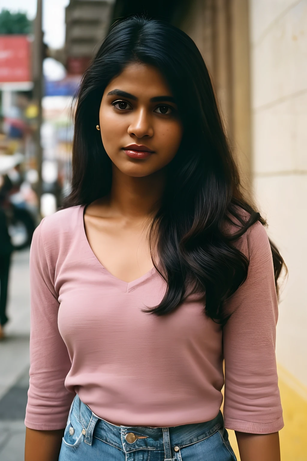 (full body, editorial photograph of a young dusky Indian woman), photographed in a busy street, (highly detailed face:1.4) (smile:0.7) (background Busy indian street , moody, private study:1.3) POV, nikon d850, film stock photograph ,4 kodak portra 400 ,camera f1.6 lens ,rich colors ,hyper realistic ,lifelike texture, dramatic lighting , cinestill 800, realistic, wearing pink V-Neck Top, half sleeve, posing!!, candid picture, medium body, extra large sized breasts, black hair, wavy hair, medium hair length realistic skin texture, brown skin