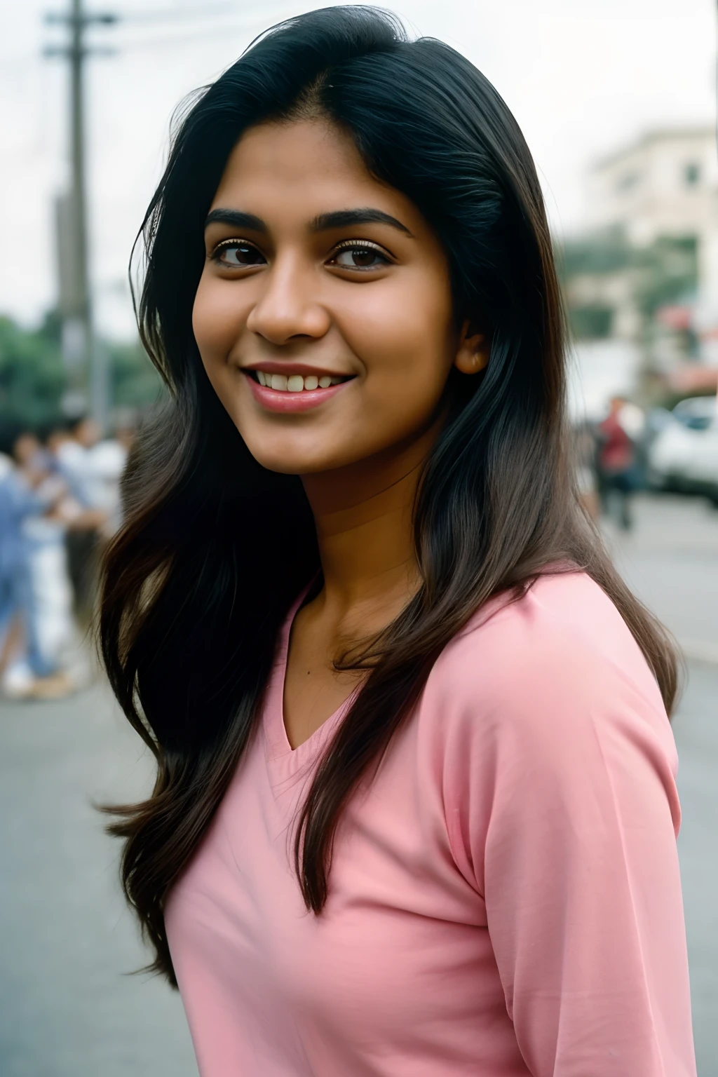 (full body, editorial photograph of a young dusky Indian woman), photographed in a busy street, (highly detailed face:1.4) (smile:0.7) (background Busy indian street , moody, private study:1.3) POV, nikon d850, film stock photograph ,4 kodak portra 400 ,camera f1.6 lens ,rich colors ,hyper realistic ,lifelike texture, dramatic lighting , cinestill 800, realistic, wearing pink V-Neck Top, half sleeve, posing!!, candid picture, medium body, extra large sized breasts, black hair, wavy hair, medium hair length realistic skin texture, brown skin