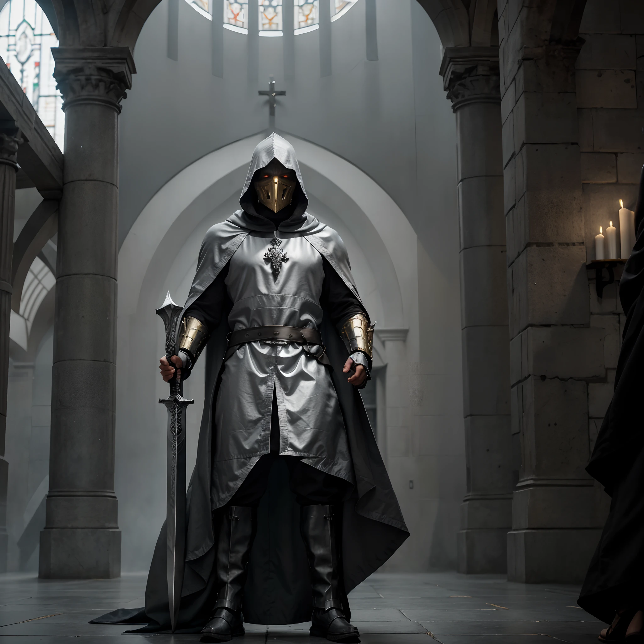 full body low angle shot of an intimidating male unarmored holy warrior with a large flowing gray cloak with hood wearing a black and silver clothes and wielding a two-handed greatsword burning with golden flames standing on a medieval battlefield on a sunny day, man, ritualistic mask, long gray cloak, shining white eyes, low angle, highly detailed, divine aspect, holly inquisitor