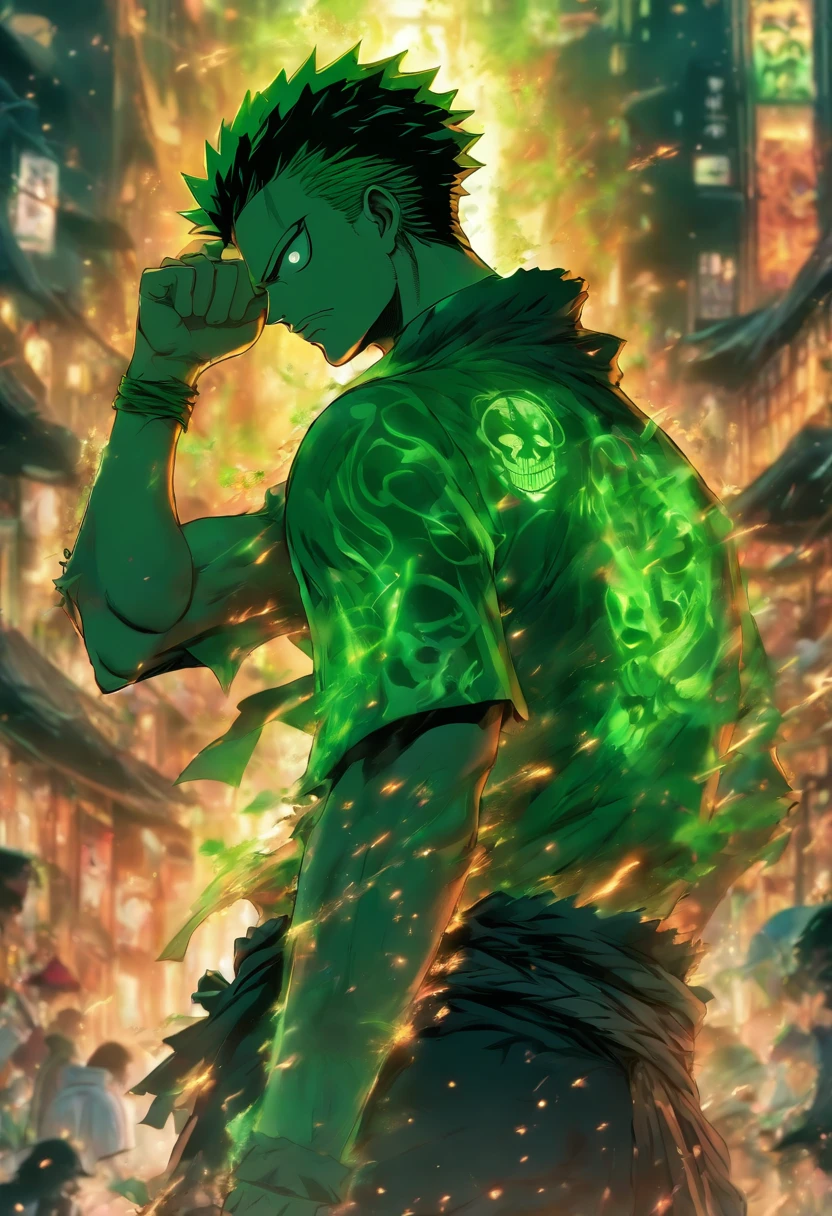 Zoro from anime one piece in the middle with his back turned against the viewer he has expressions and poses of confusion and despair he is being surrounded by many invisible screens he is wearing a hoodie it’s a cyberpunk environment the background, holding a sword.