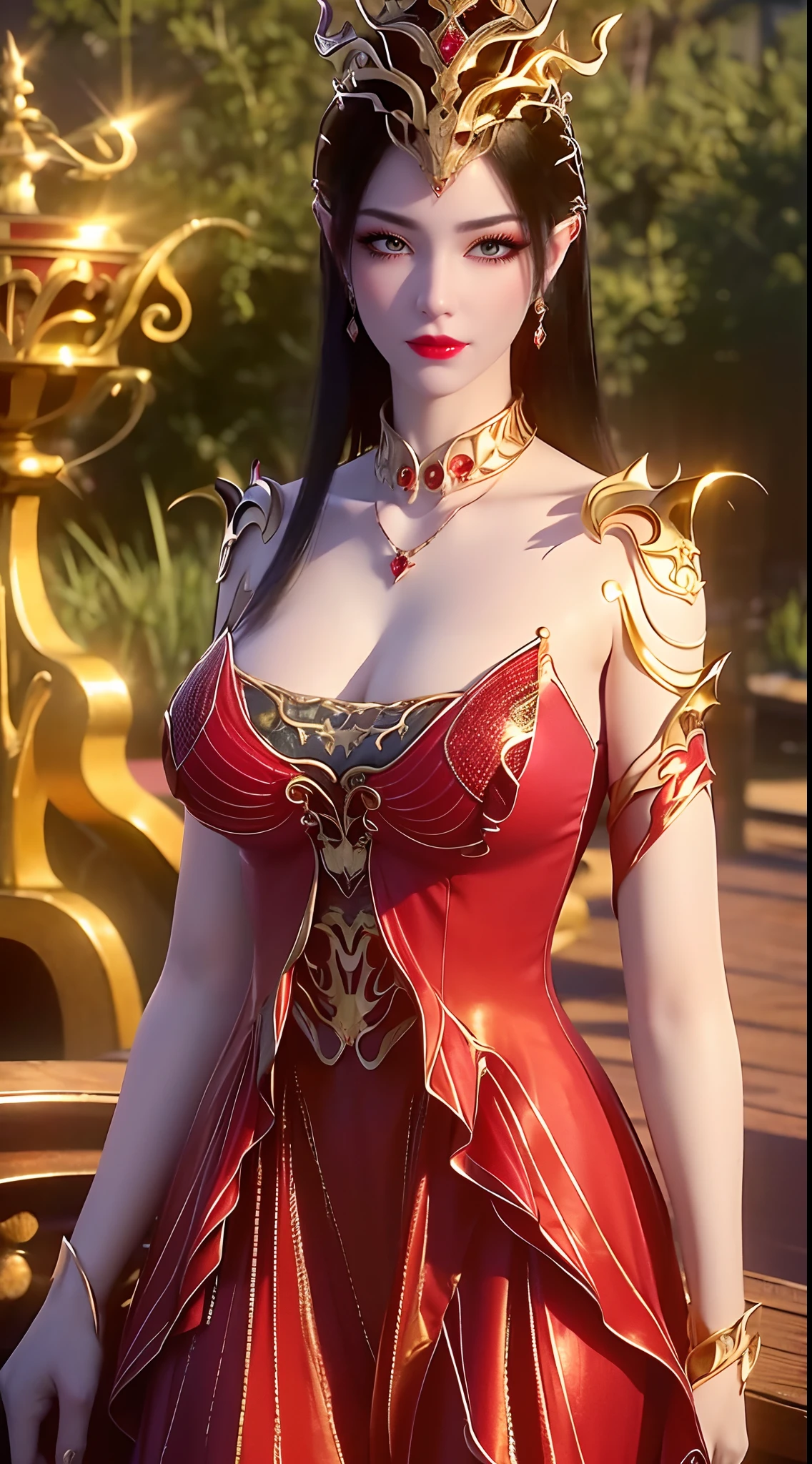 "An extremely beautiful queen,(best quality,4k,highres,masterpiece:1.2),ultra-detailed,(realistic,photorealistic,photo-realistic:1.37),beautiful queen,royal costume,sparkling crown,colorful gemstones,golden scepter,elegant pose,garden background,soft lighting,vibrant colors,delicate facial features,long flowing hair,big and round breasts,black eye pupils,The big, round platinum eyes are beautiful and super detailed,red and detailed makeup eyebrows,mouth closed tightly,dreamy atmosphere,the most perfect body,ethereal beauty,proud expression,clasped the queen's hands behind her back,strikingly graceful,lovely and charming,attention to detail,regal and majestic,fairytale-like ambiance,1 girl, 1 alone,full body"