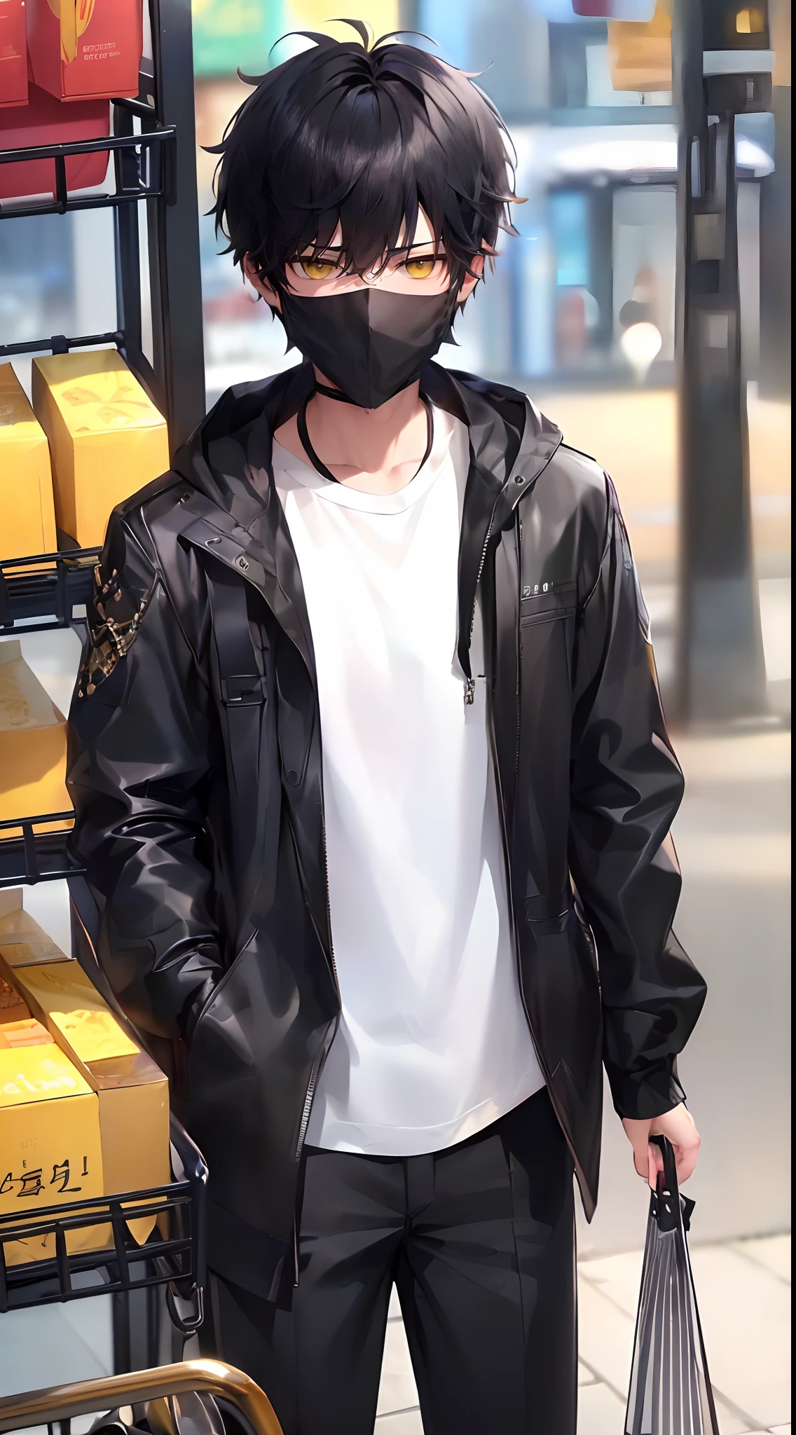 (4K works))、masterpiece、(top-quality)、In the shopping center、Korean Male、Adult male、((Adult 26 years old))、((Adult older brother))、((Face similar to Hyun Jin))、Cool Men、tall、((Troubled expression))、((Strong eyes))、((Wearing a white T-shirt and a hooded black jacket、White long trousers))、((Autumn clothing style with long sleeve long pants))、((Wear a black mask))、((smaller face))、Slim body、((hooligan))、((Black short-haired))、((Yellow eyes))、((shot from front))、((He while shopping))、((He standing while pushing a cart))、((Shot alone))、((Solo Photography))
