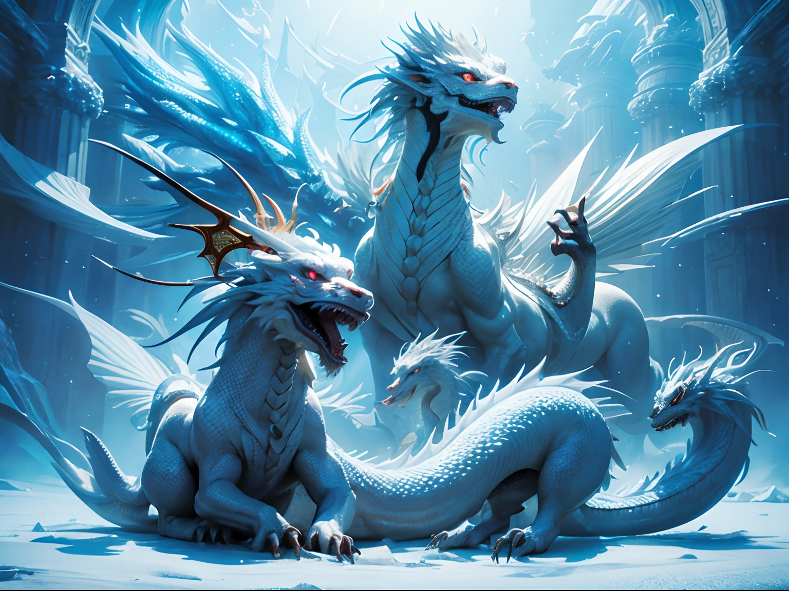 "Very nice 3d rendering of white Chinese dragon,Dynamic representation, finely detailed, masterpiece, Vivid effects and details,Top image quality,A high resolution,plethora of colors, A bunch of coins, treasure"